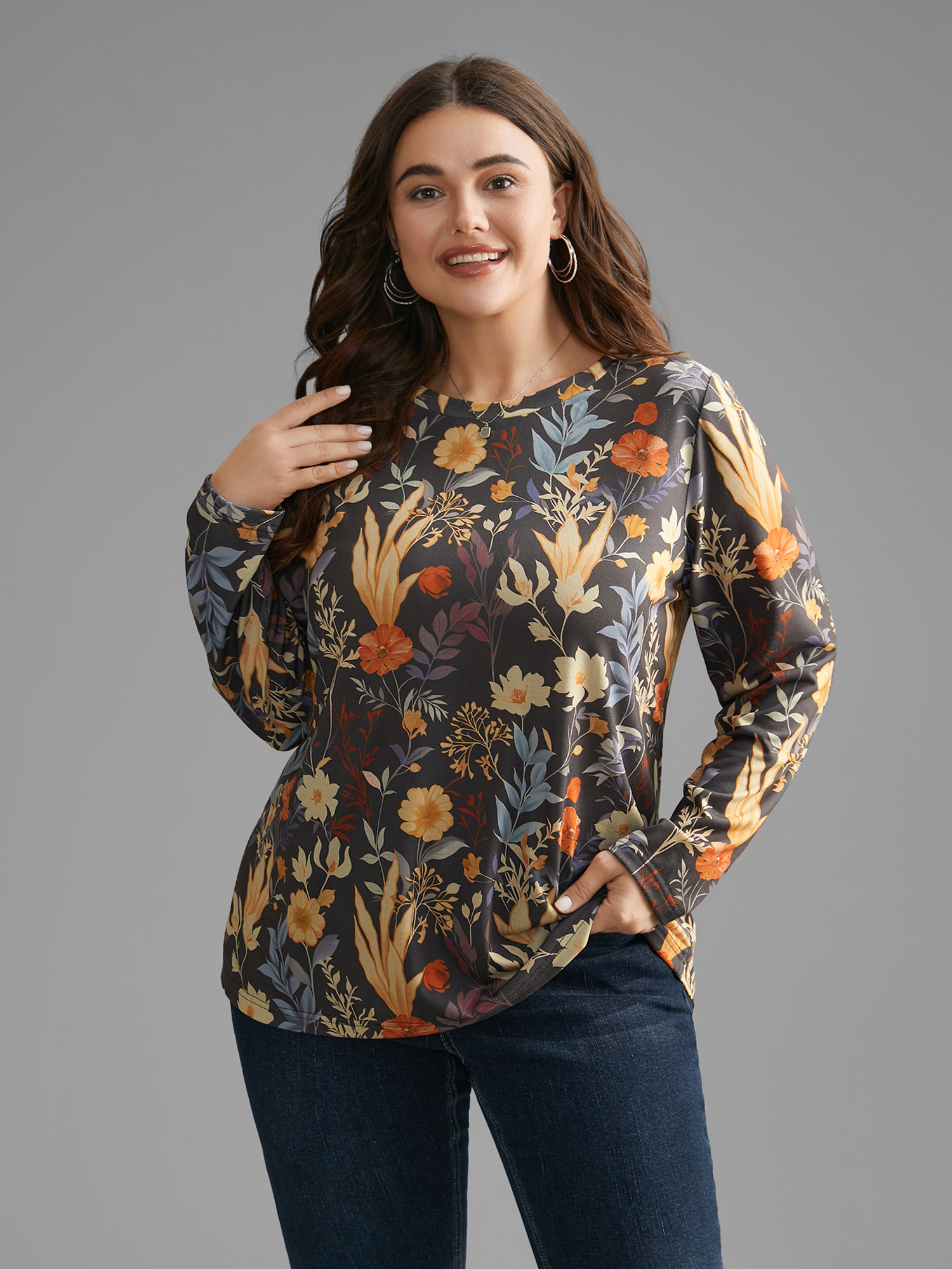 

Plus Size Floral Print Round Neck T-shirt Multicolor Women Casual Contrast Natural Flowers Round Neck Everyday T-shirts BloomChic