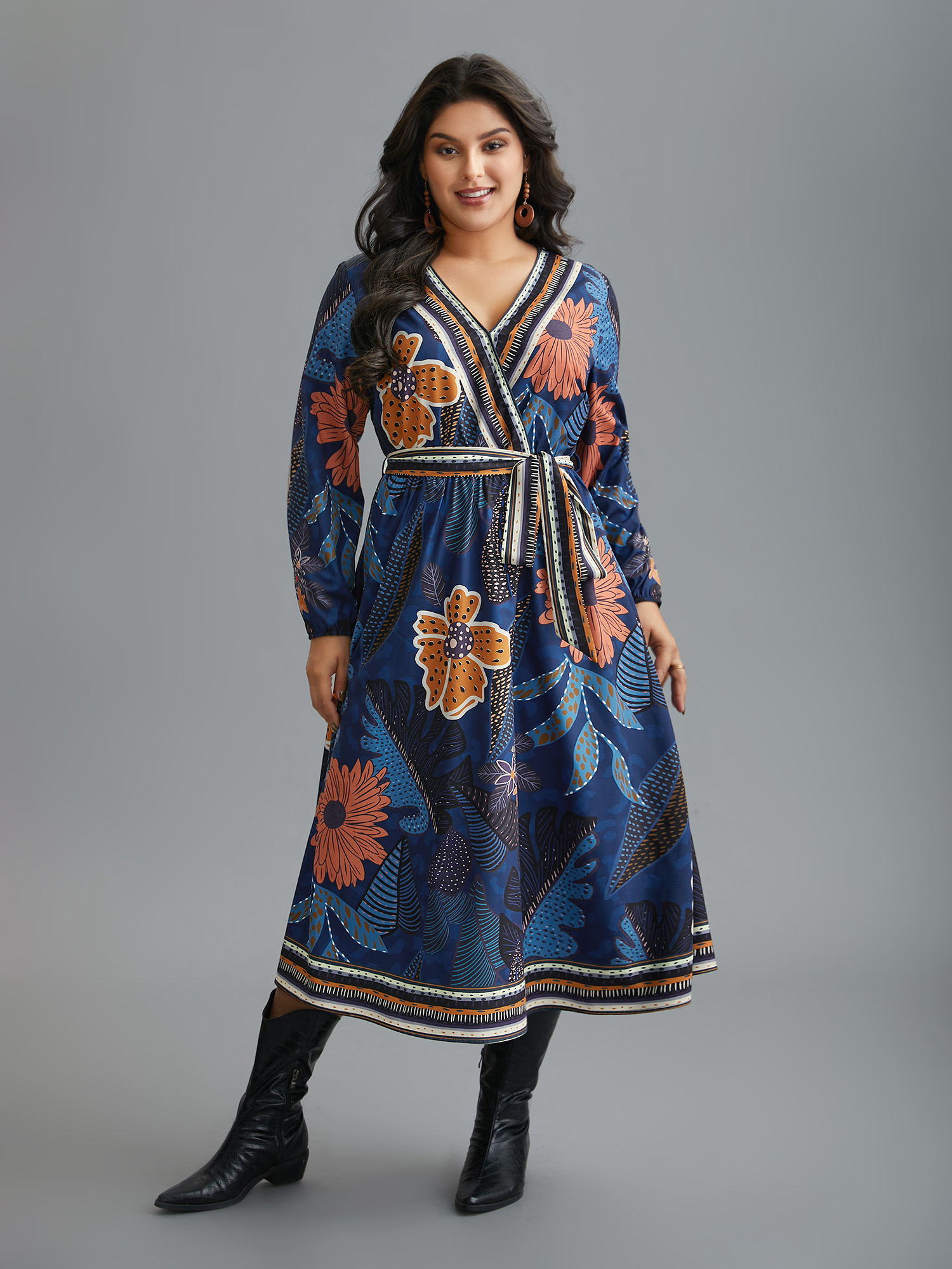 

Plus Size Boho Print Belted Lantern Sleeve Dress DarkBlue Women Resort Belted Overlap Collar Long Sleeve Curvy BloomChic