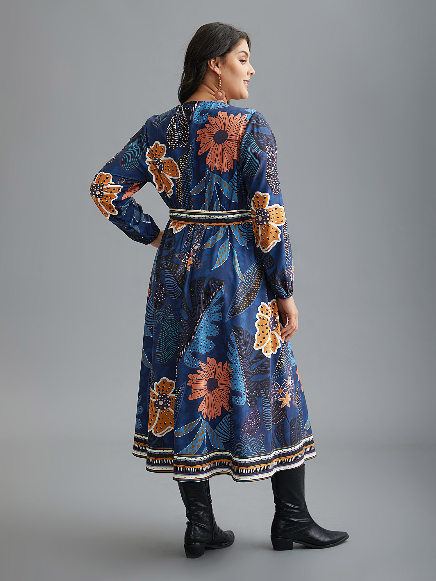 

Plus Size Boho Print Belted Lantern Sleeve Dress DarkBlue Women Resort Belted Overlap Collar Long Sleeve Curvy BloomChic