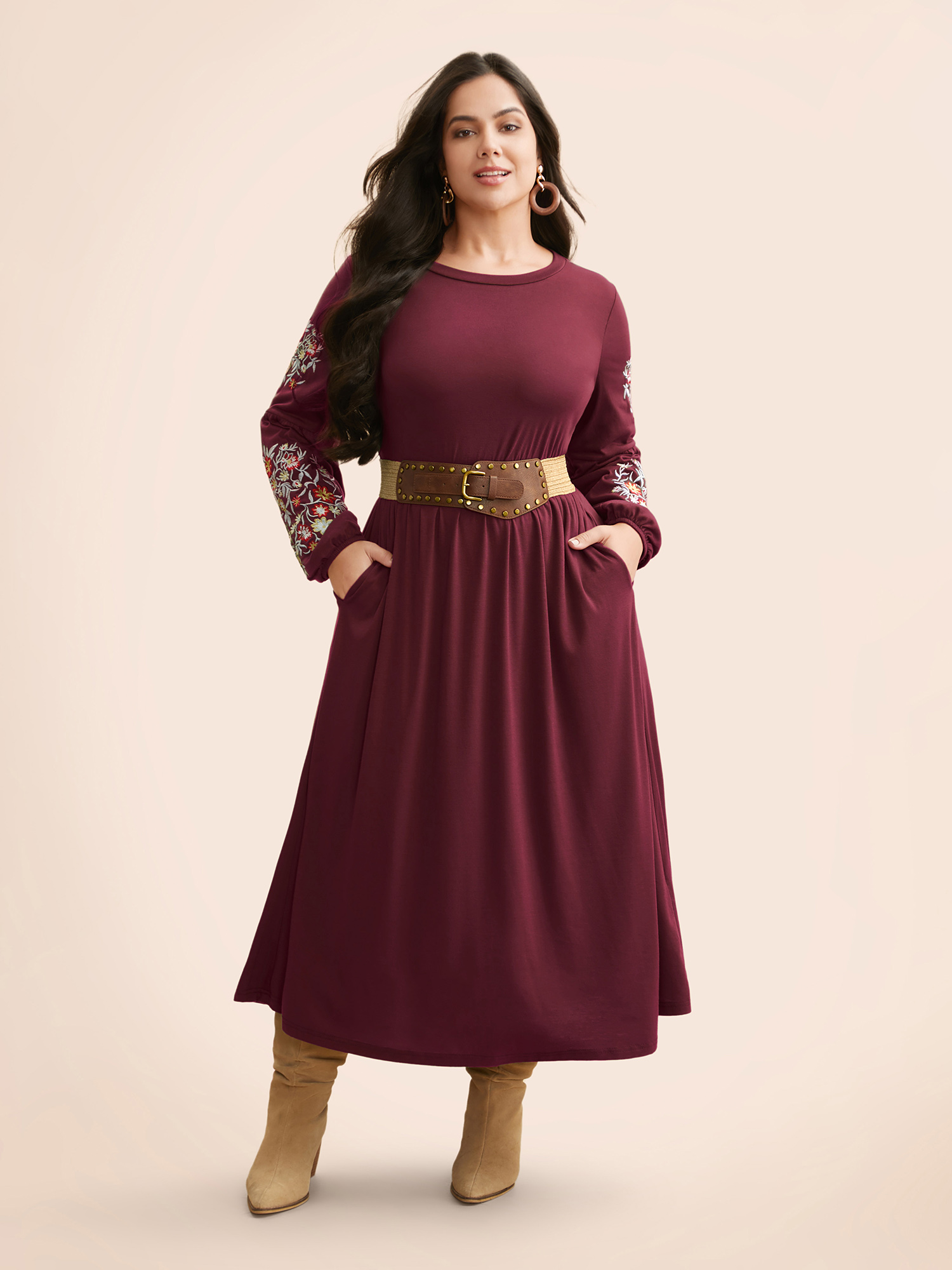 

Plus Size Floral Embroidered Elastic Waist Gathered Dress Burgundy Women Casual Embroidered Round Neck Long Sleeve Curvy BloomChic