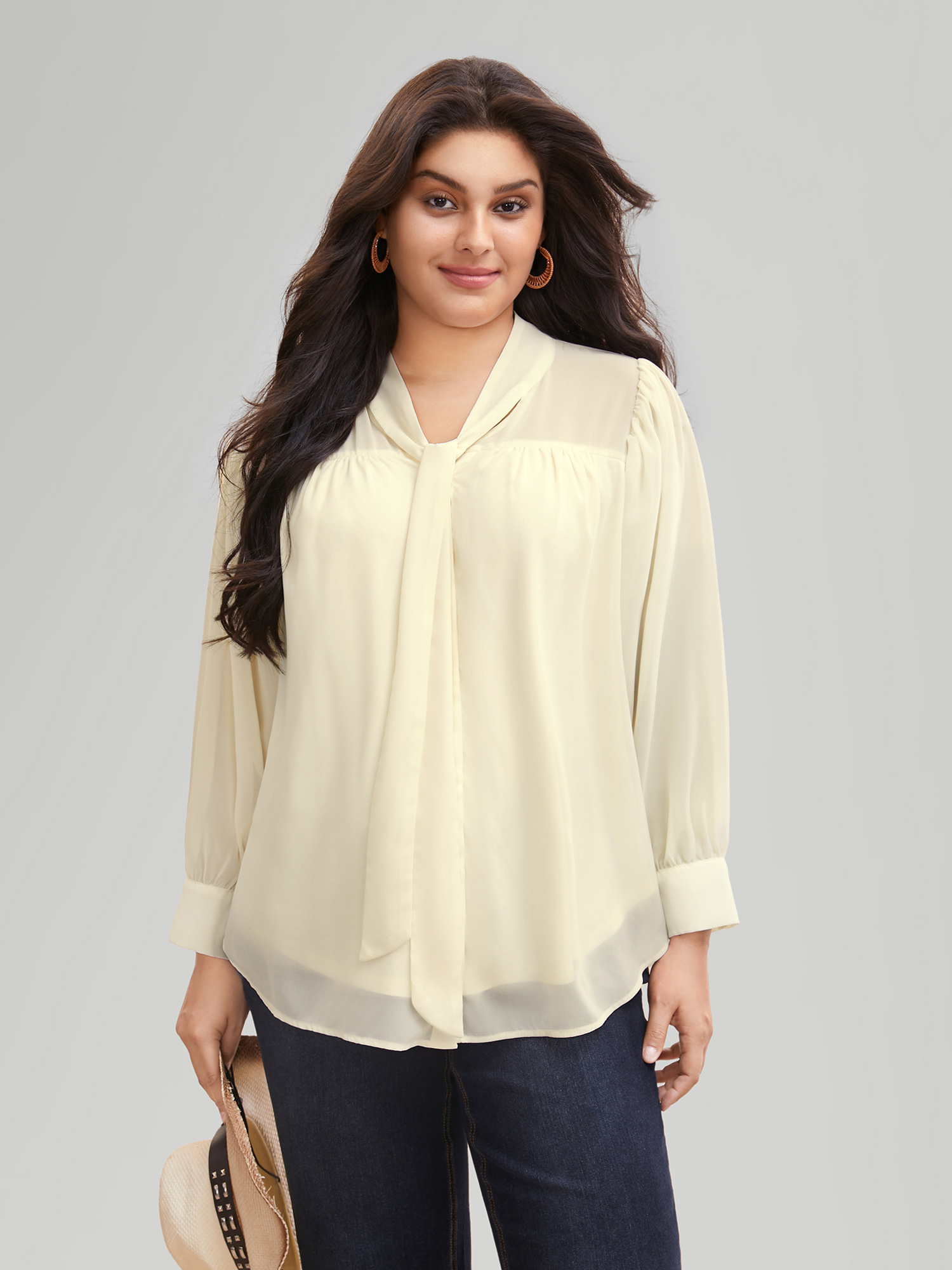 

Plus Size Chiffon Draped Collar Pleated Blouse Ivory Long Sleeve Ribbon-tied collar Resort Shirts