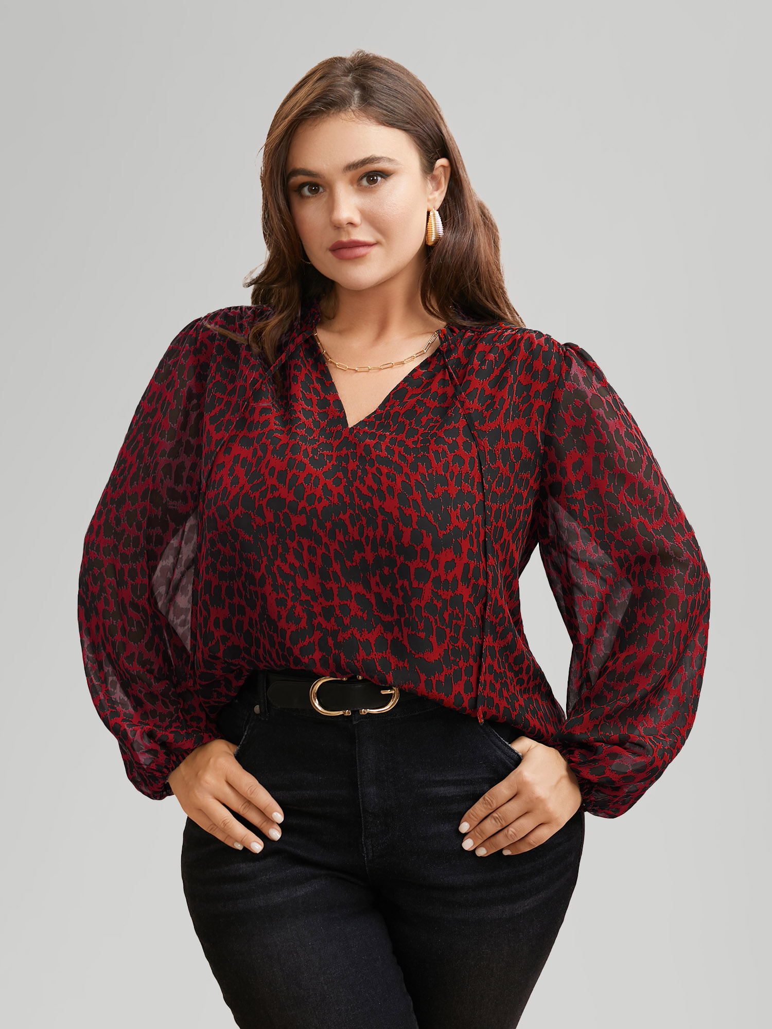 

Plus Size Crimson Leopard Print Tie Knot Lantern Sleeve Blouse Women Elegant Long Sleeve V-neck Everyday Blouses BloomChic