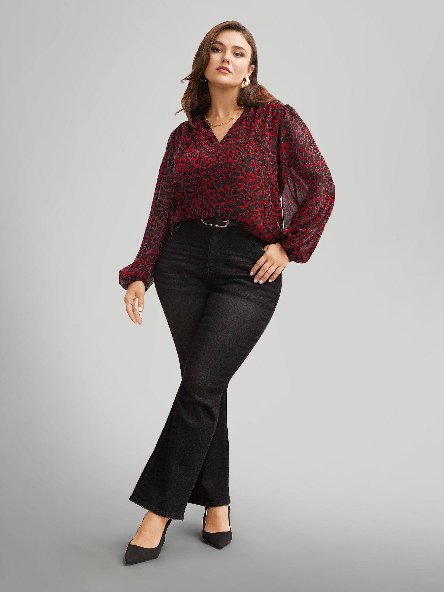 Plus Size Crimson Leopard Print Tie Knot Lantern Sleeve Blouse Women Elegant Long Sleeve V-neck Everyday Blouses BloomChic 12/L 