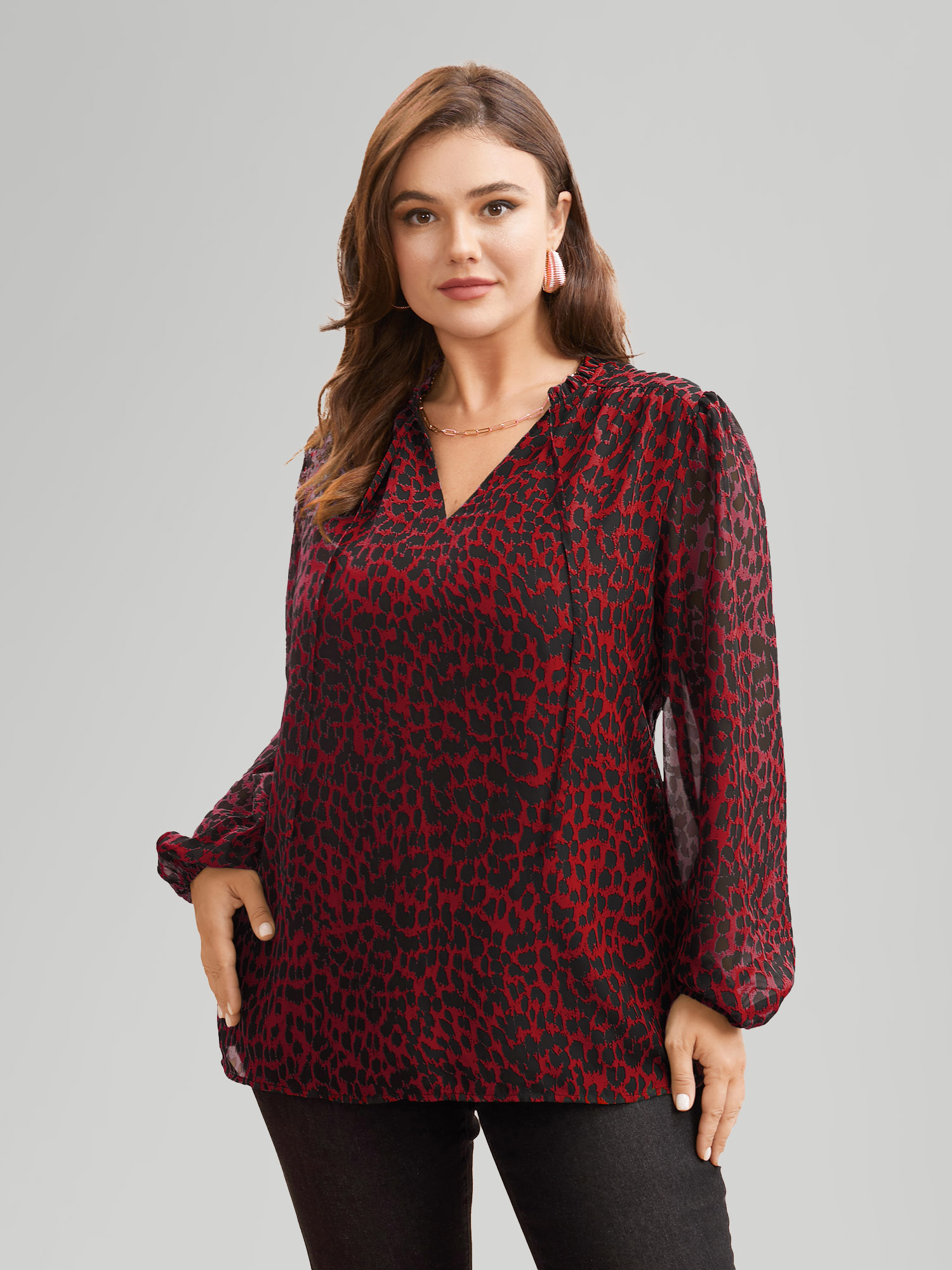 Plus Size Crimson Leopard Print Tie Knot Lantern Sleeve Blouse Women Elegant Long Sleeve V-neck Everyday Blouses BloomChic 12/L 