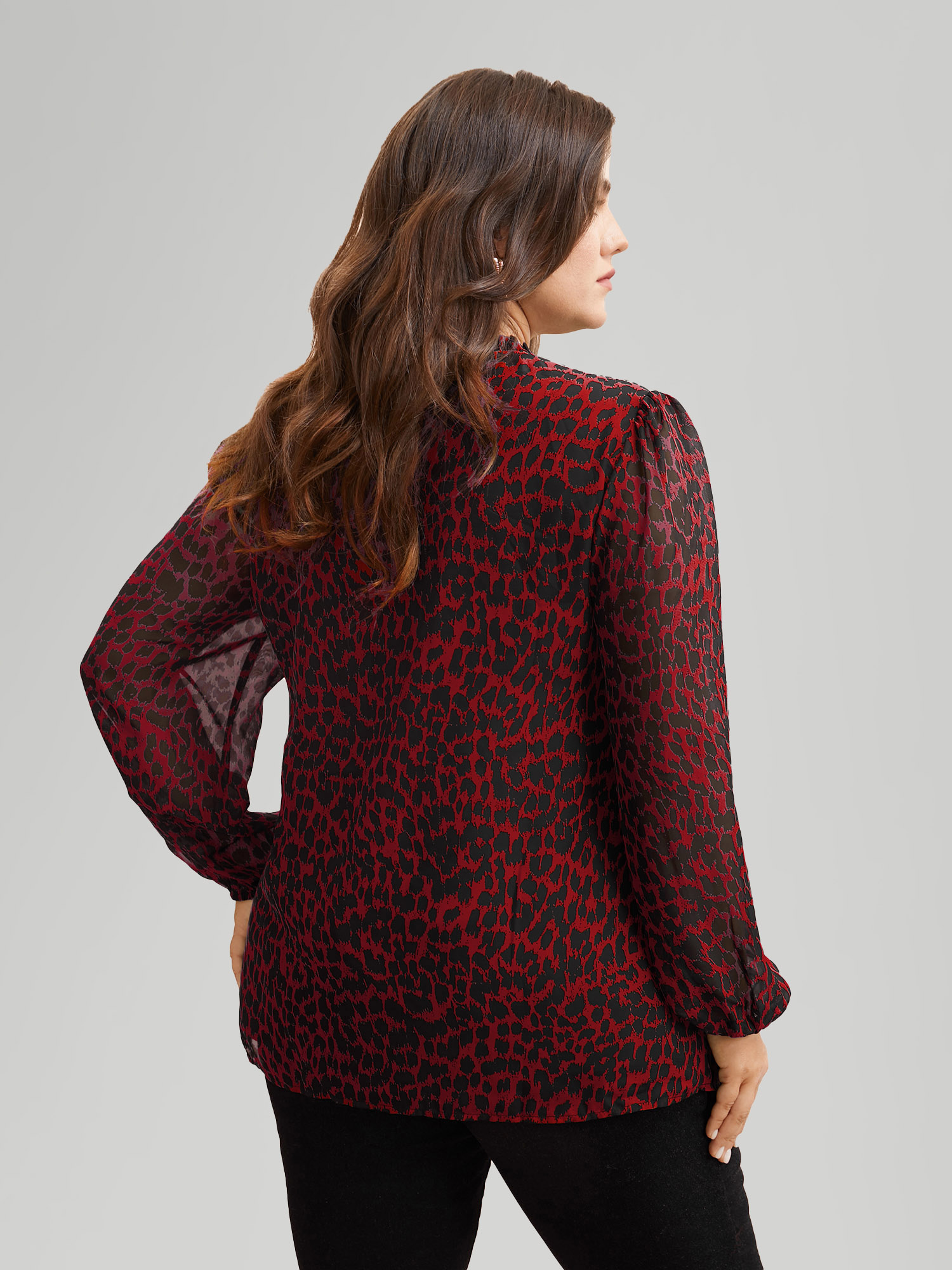 Plus Size Crimson Leopard Print Tie Knot Lantern Sleeve Blouse Women Elegant Long Sleeve V-neck Everyday Blouses BloomChic 12/L 