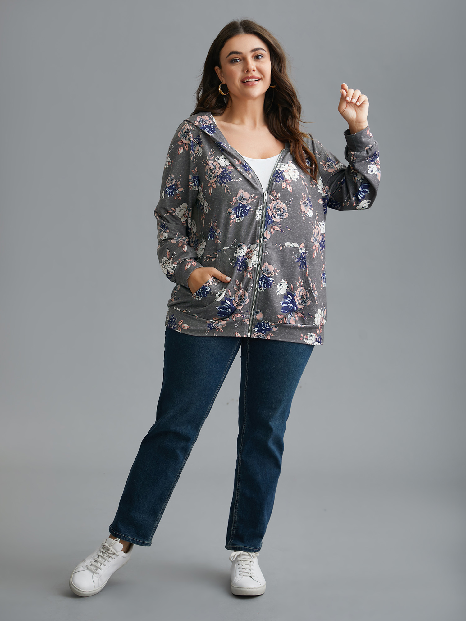 Plus Size Floral Print Zipper Front Hooded Sweatshirt Women DarkGray Casual Contrast Loose Hooded Everyday Sweatshirts BloomChic 30/6X 