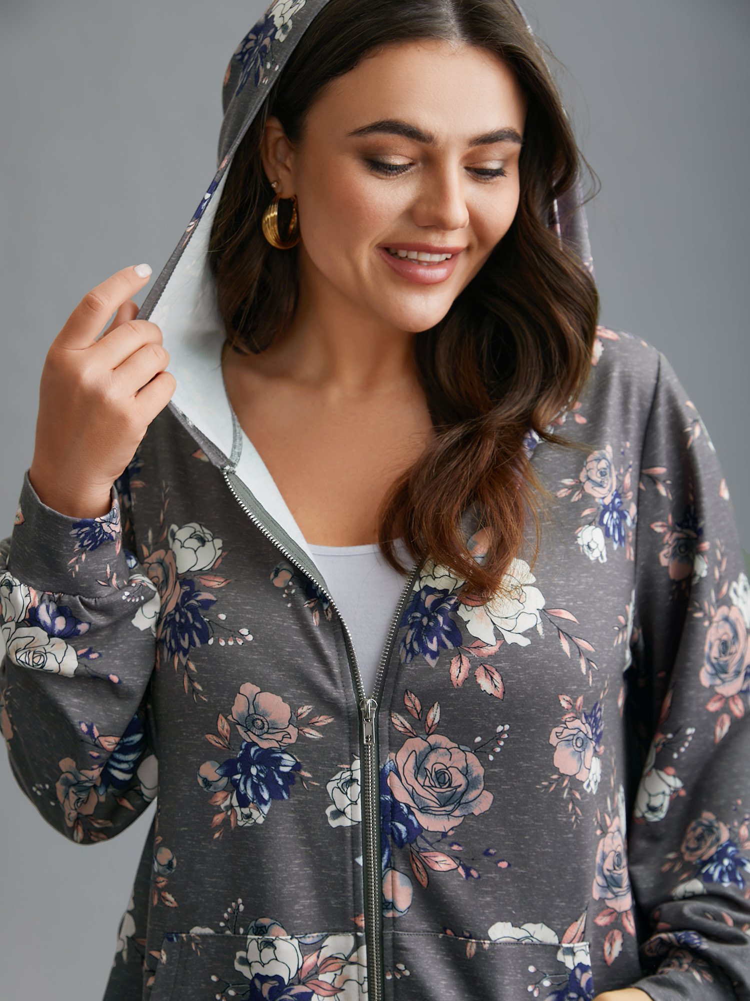 Plus Size Floral Print Zipper Front Hooded Sweatshirt Women DarkGray Casual Contrast Loose Hooded Everyday Sweatshirts BloomChic 30/6X 