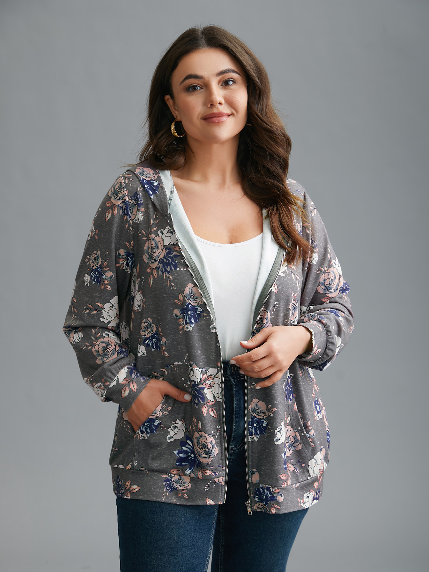 Plus Size Floral Print Zipper Front Hooded Sweatshirt Women DarkGray Casual Contrast Loose Hooded Everyday Sweatshirts BloomChic 30/6X 