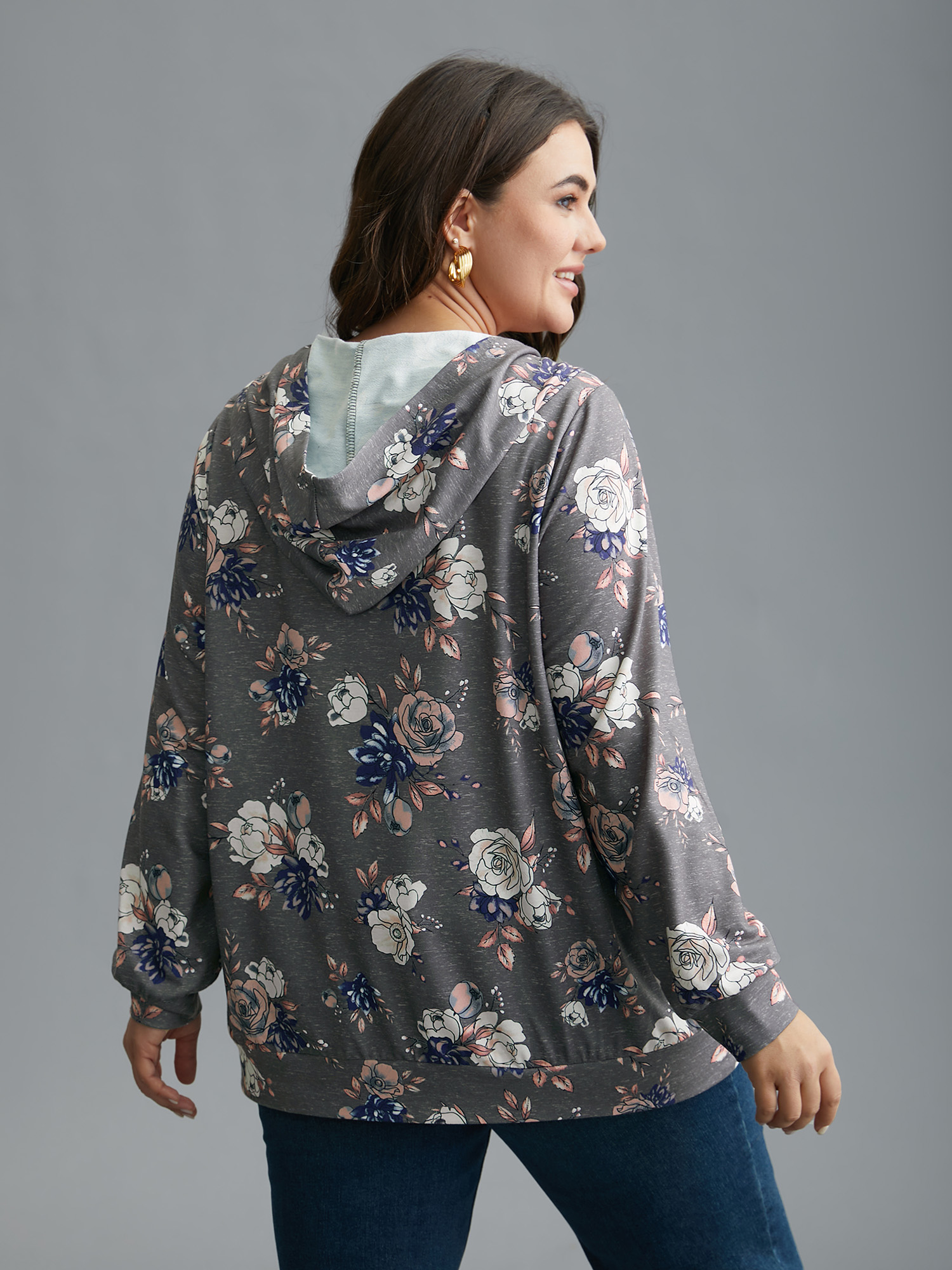 Plus Size Floral Print Zipper Front Hooded Sweatshirt Women DarkGray Casual Contrast Loose Hooded Everyday Sweatshirts BloomChic 30/6X 