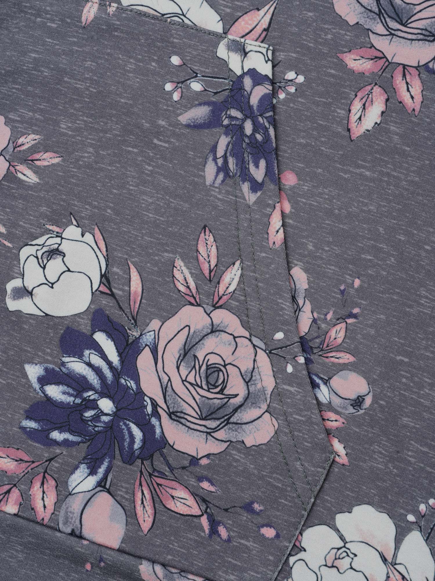 Plus Size Floral Print Zipper Front Hooded Sweatshirt Women DarkGray Casual Contrast Loose Hooded Everyday Sweatshirts BloomChic 30/6X 