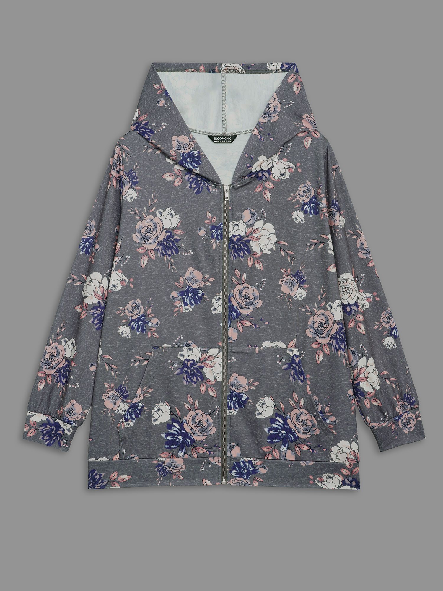 Plus Size Floral Print Zipper Front Hooded Sweatshirt Women DarkGray Casual Contrast Loose Hooded Everyday Sweatshirts BloomChic 30/6X 