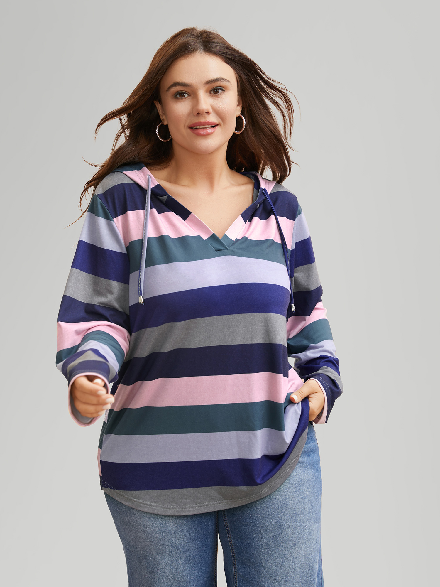 Plus Size Contrast Striped Hooded Drawstring T-shirt Multicolor Women Casual Drawstring Hooded Everyday T-shirts BloomChic 14-16/1X 