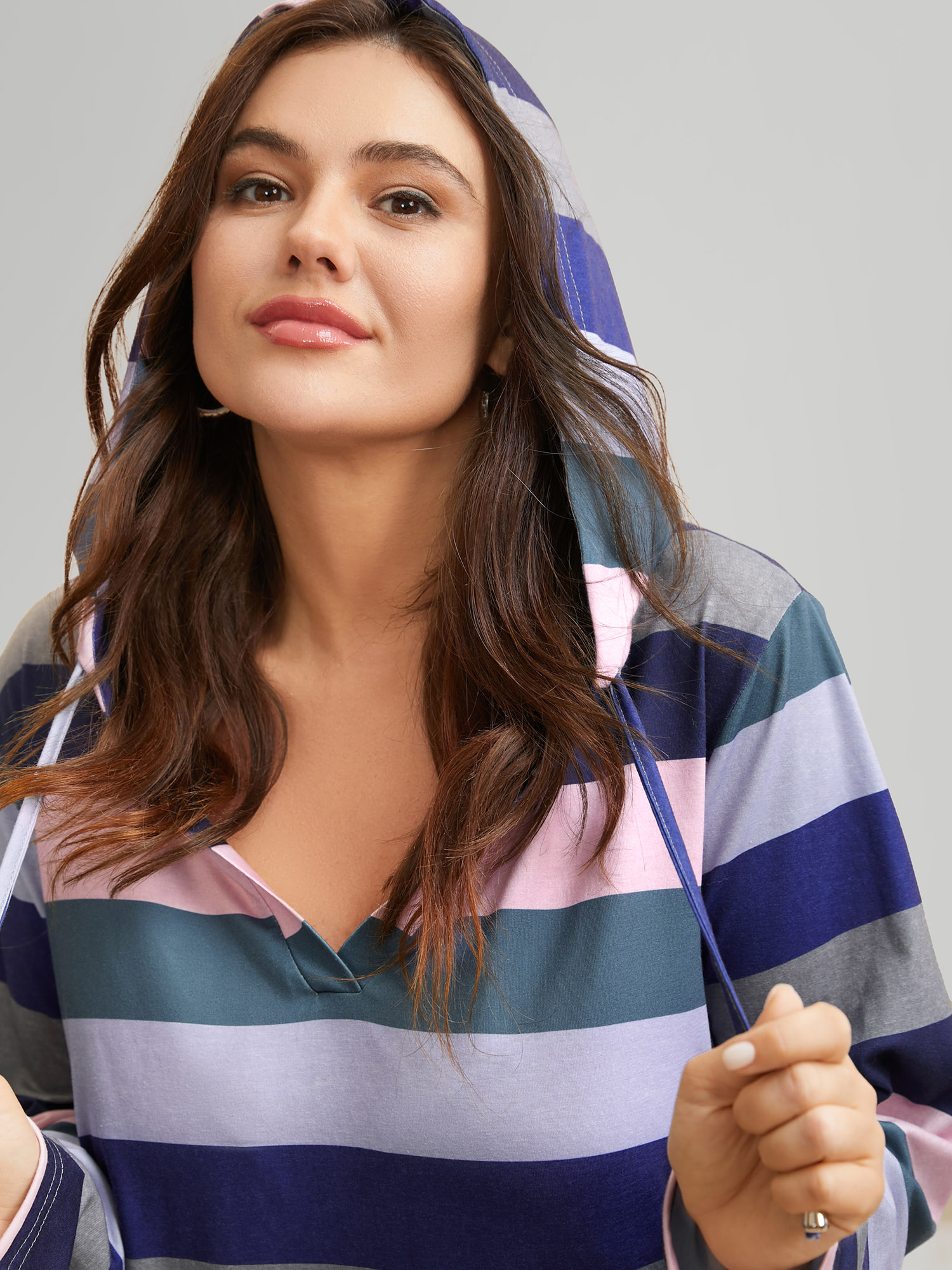 Plus Size Contrast Striped Hooded Drawstring T-shirt Multicolor Women Casual Drawstring Hooded Everyday T-shirts BloomChic 14-16/1X 