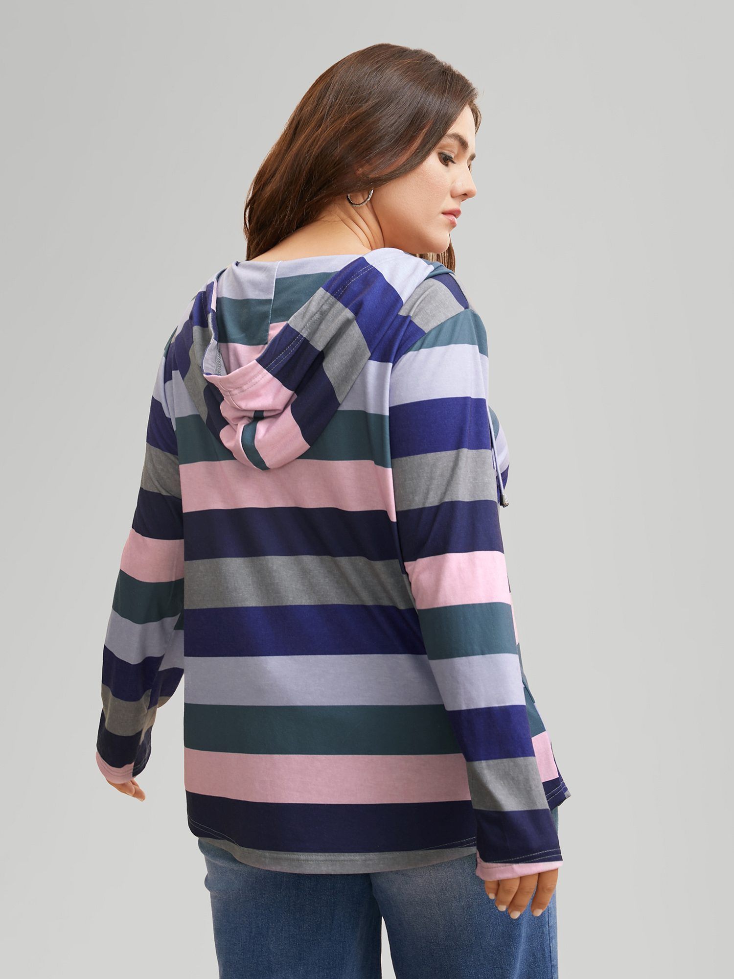 Plus Size Contrast Striped Hooded Drawstring T-shirt Multicolor Women Casual Drawstring Hooded Everyday T-shirts BloomChic 14-16/1X 