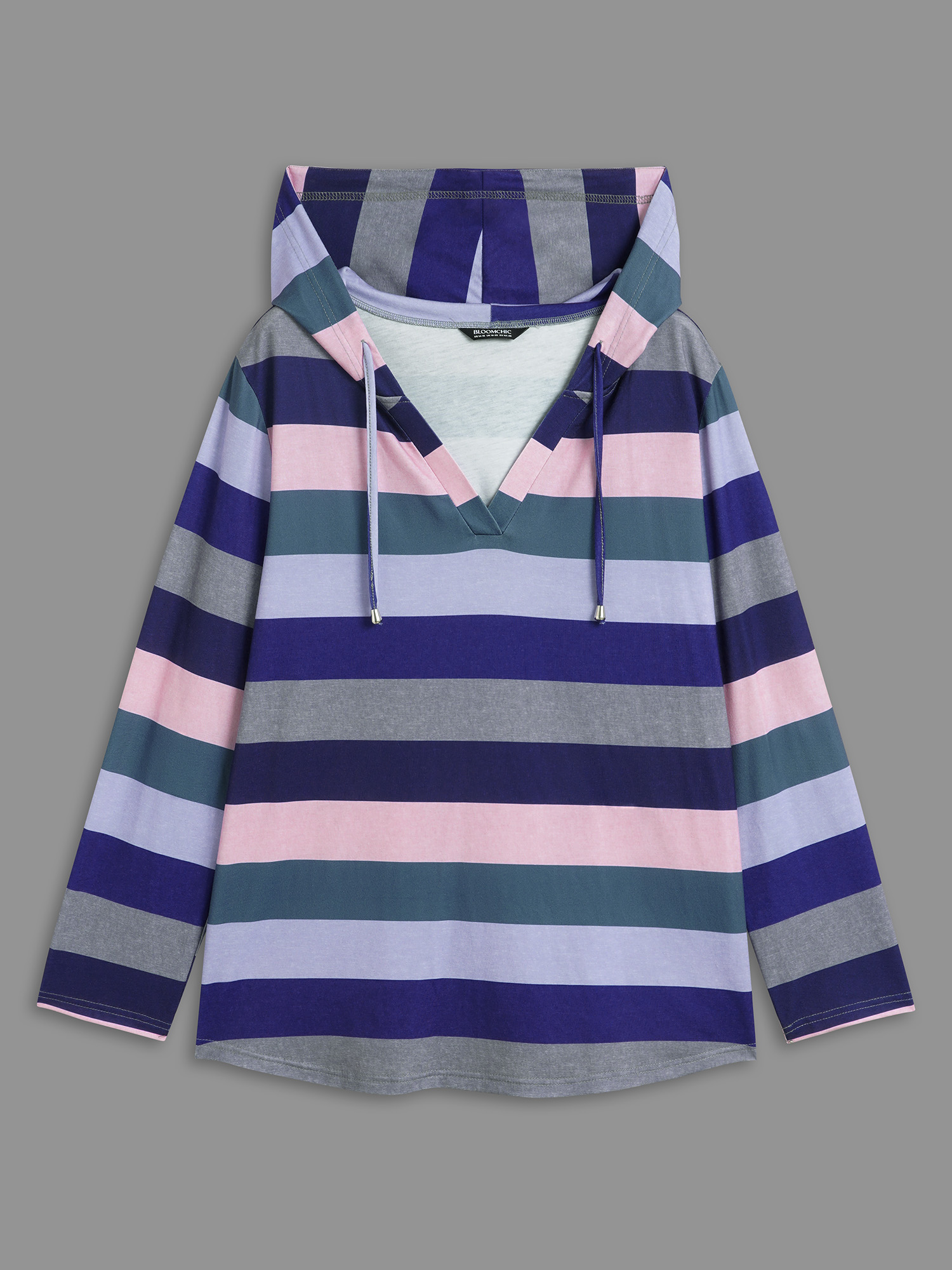 Plus Size Contrast Striped Hooded Drawstring T-shirt Multicolor Women Casual Drawstring Hooded Everyday T-shirts BloomChic 14-16/1X 