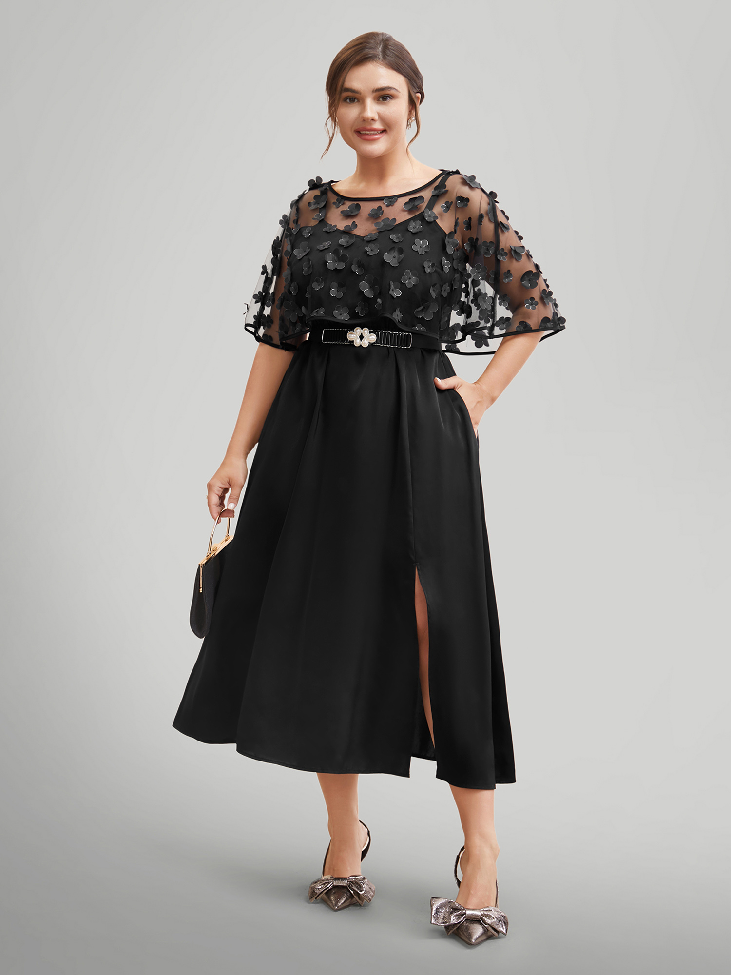 

Plus Size Two-Piece Appliques Mesh Shawl Split Hem Dress Black Women Cocktail Texture Round Neck Short sleeve Curvy BloomChic