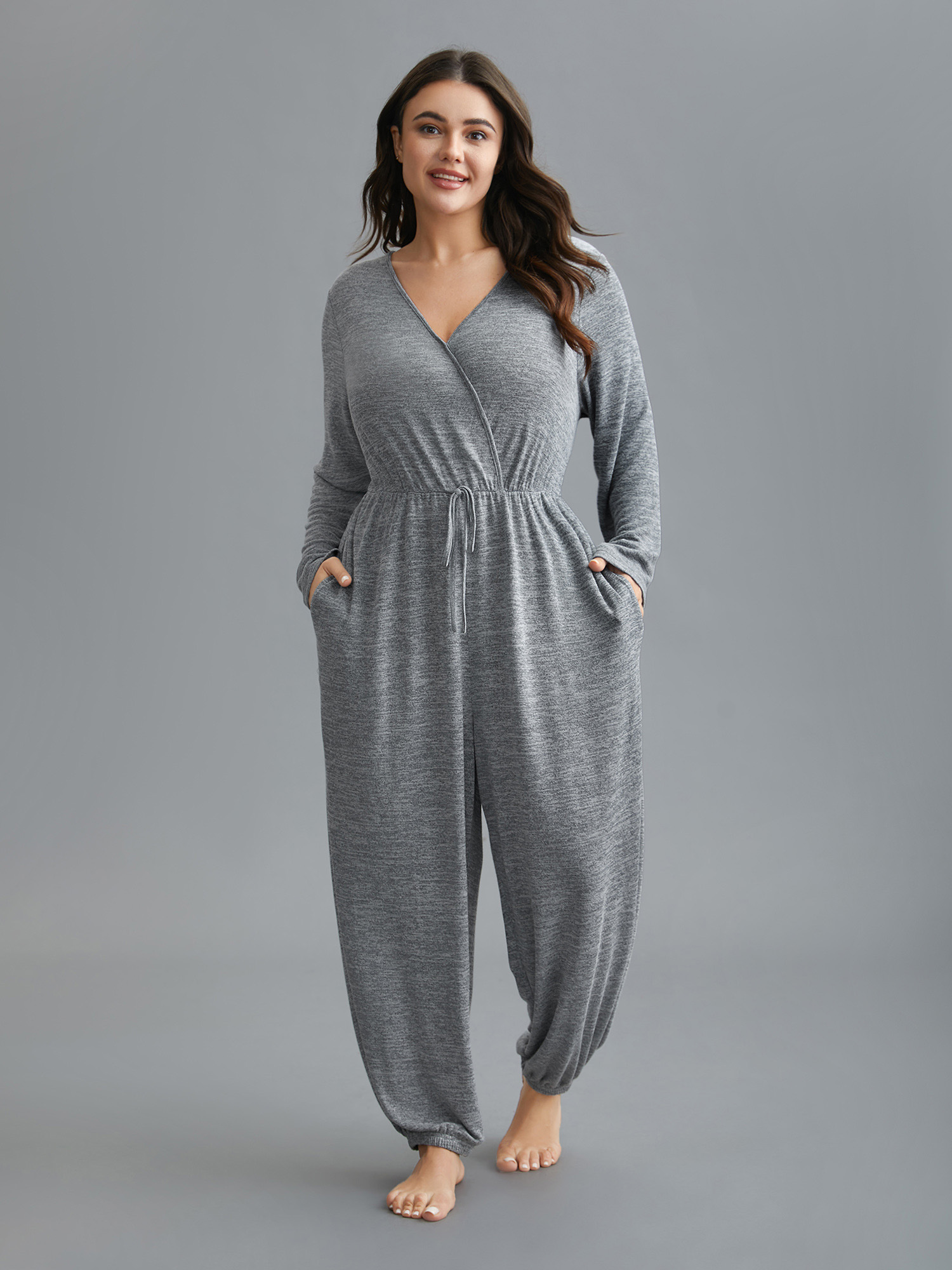 

Plus Size Elastic Waist Overlap Collar Lounge Jumpsuit LightGray  Bloomchic