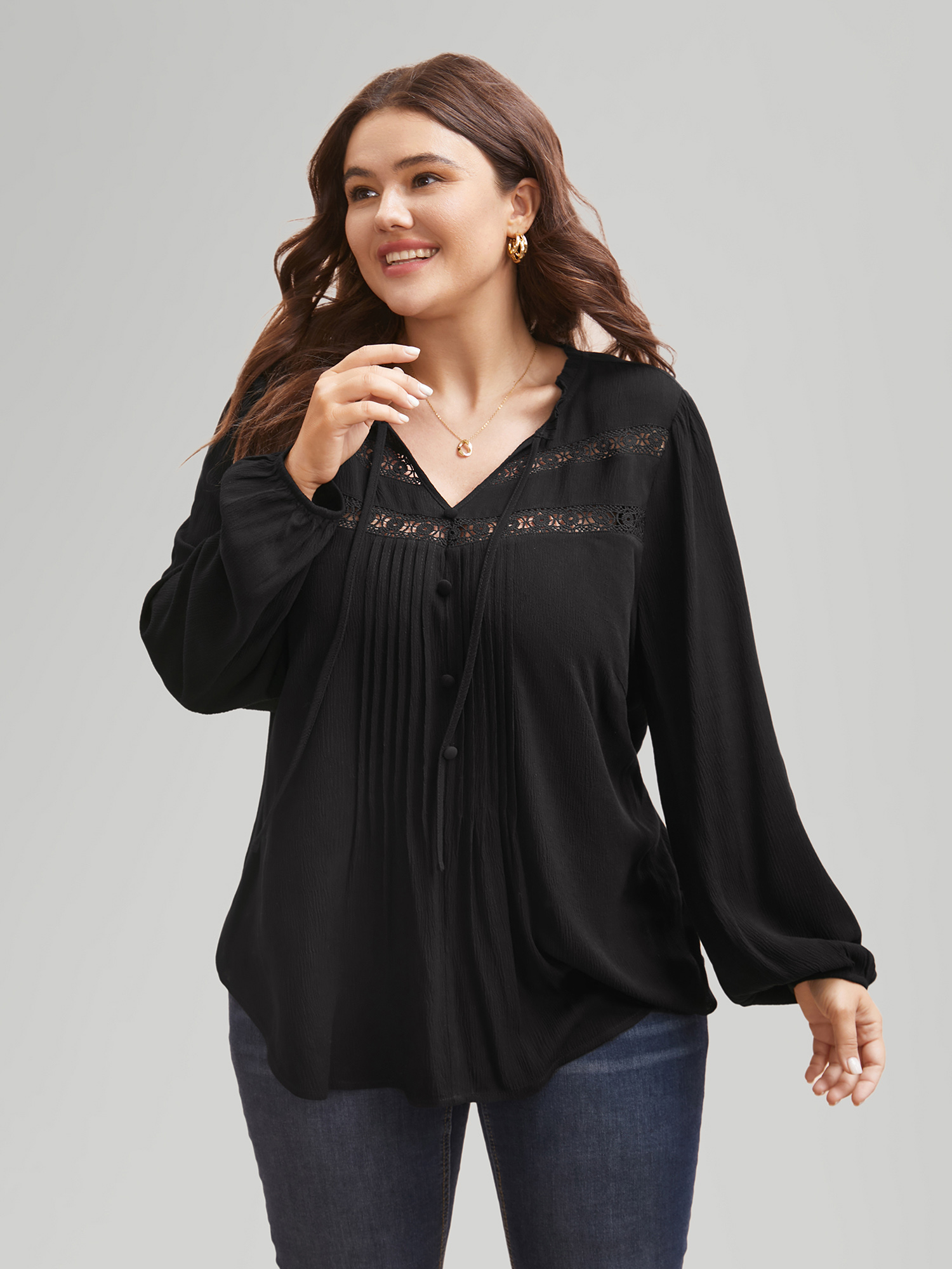 Plus Size Black Lace Patchwork Pleated Ruffles Blouse Women Elegant Long Sleeve V-neck Everyday Blouses BloomChic 26/4X 