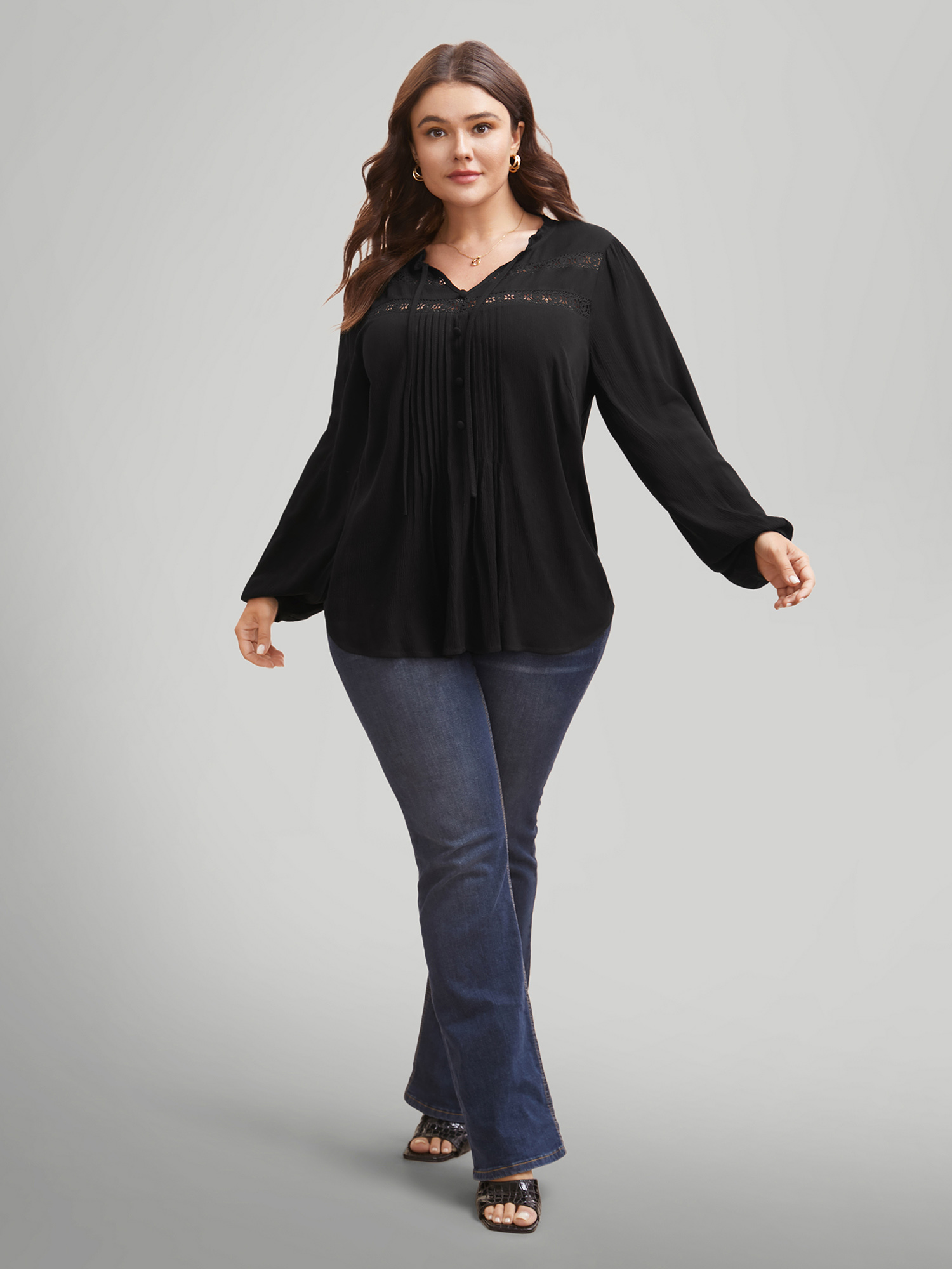 Plus Size Black Lace Patchwork Pleated Ruffles Blouse Women Elegant Long Sleeve V-neck Everyday Blouses BloomChic 26/4X 