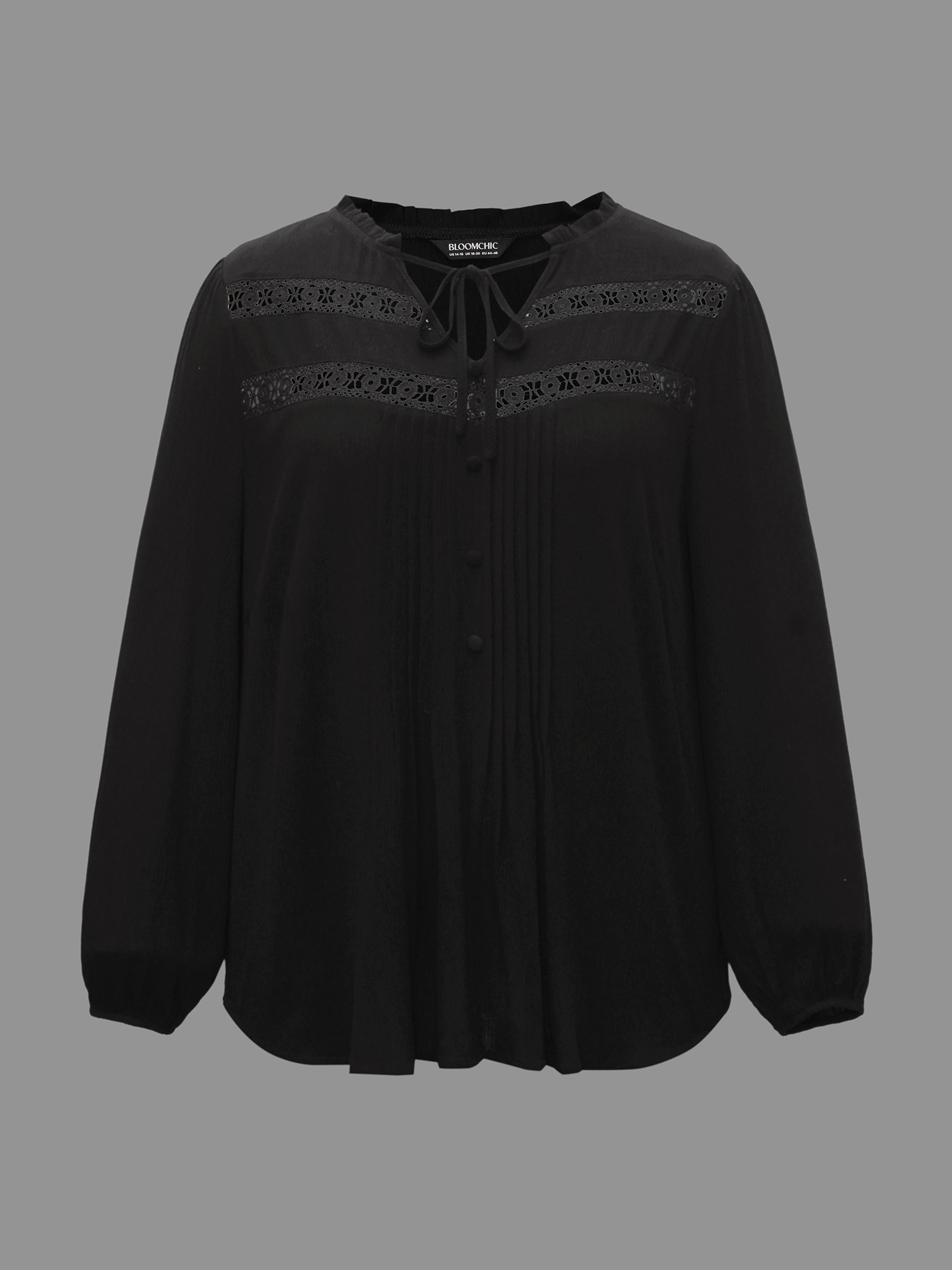 Plus Size Black Lace Patchwork Pleated Ruffles Blouse Women Elegant Long Sleeve V-neck Everyday Blouses BloomChic 26/4X 