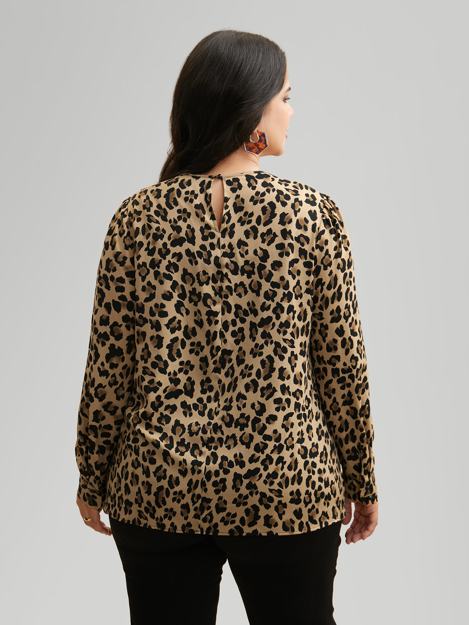 

Plus Size LightBrown Leopard Print Mock Neck Gathered Blouse Women At the Office Long Sleeve Mock Neck Work Blouses BloomChic