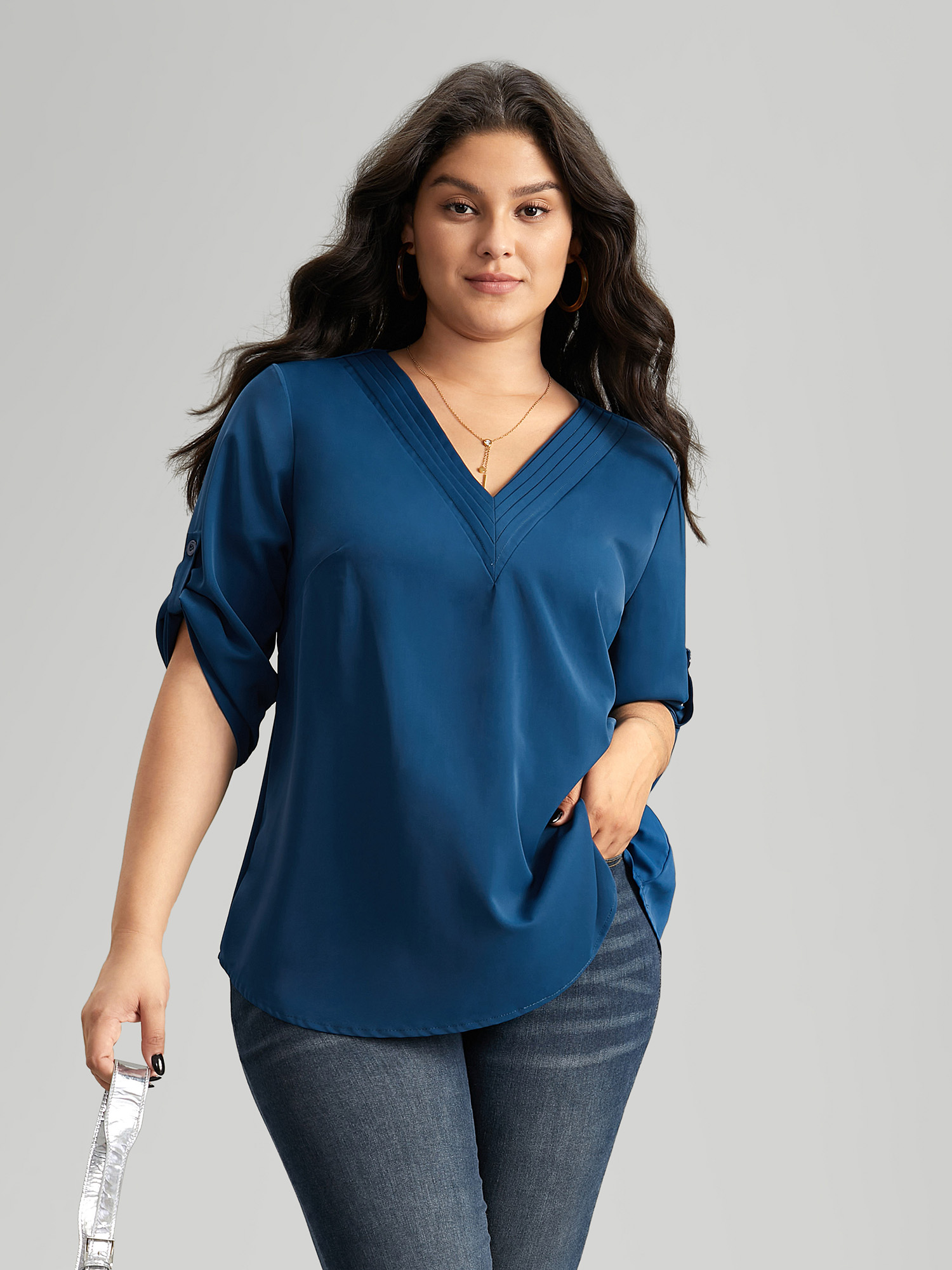 

Plus Size Indigo V Neck Plain Pleated Tab Sleeve Blouse Women At the Office Elbow-length sleeve V-neck Work Blouses BloomChic