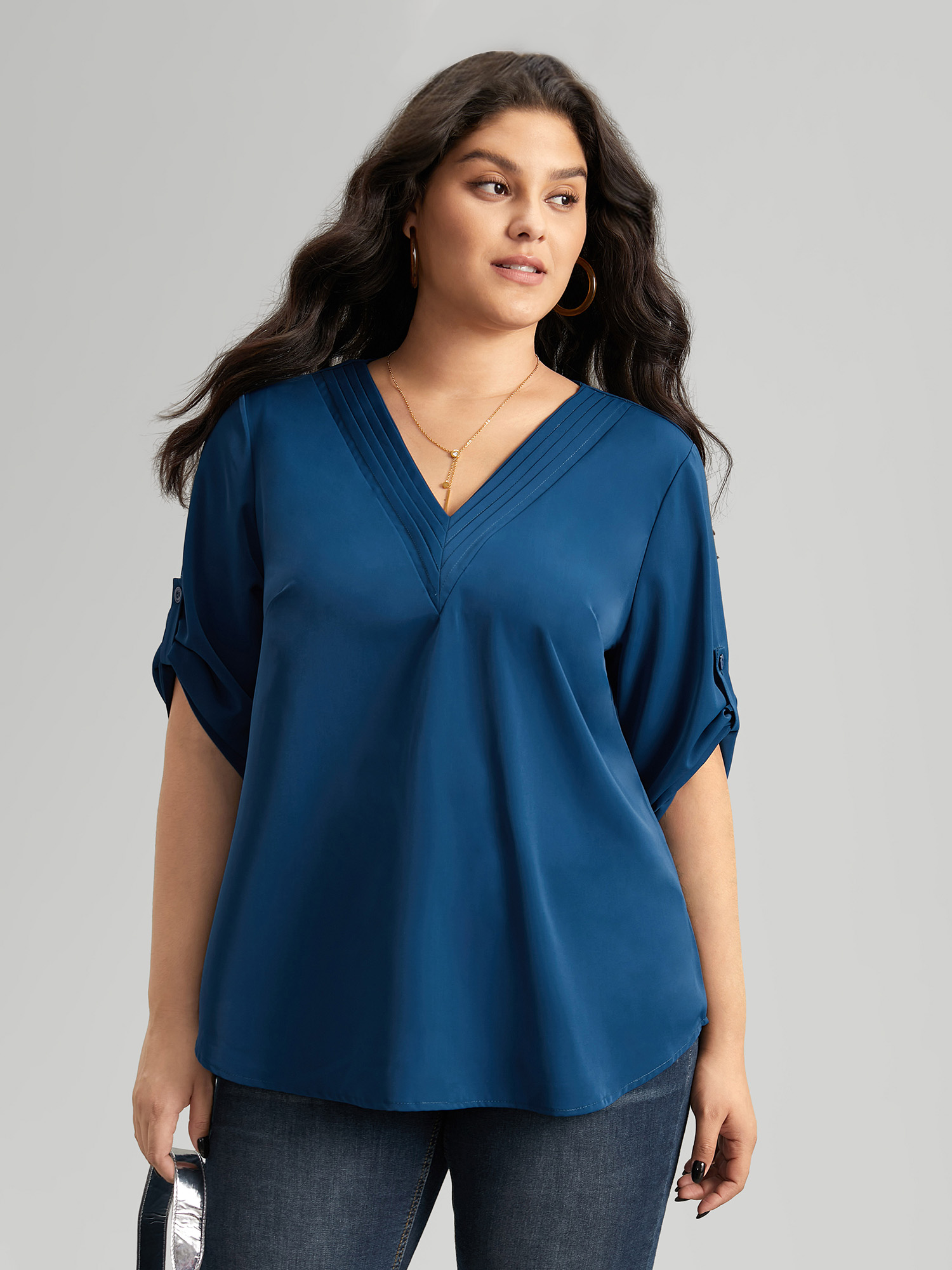 

Plus Size Indigo V Neck Plain Pleated Tab Sleeve Blouse Women At the Office Elbow-length sleeve V-neck Work Blouses BloomChic