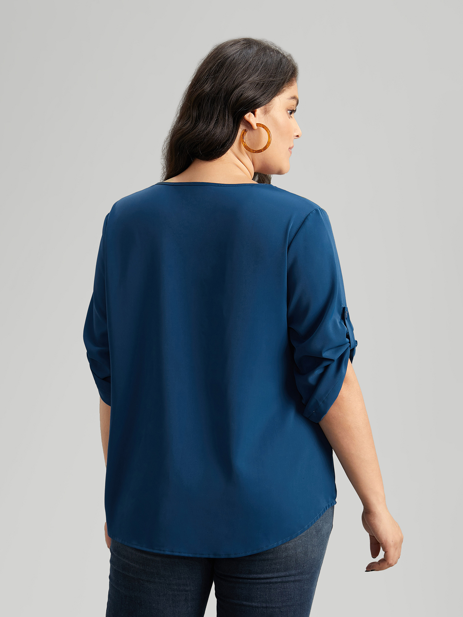 Plus Size Women Work Plain Plain Regular Sleeve Elbow-length sleeve V-neck At the Office Blouses BloomChic 