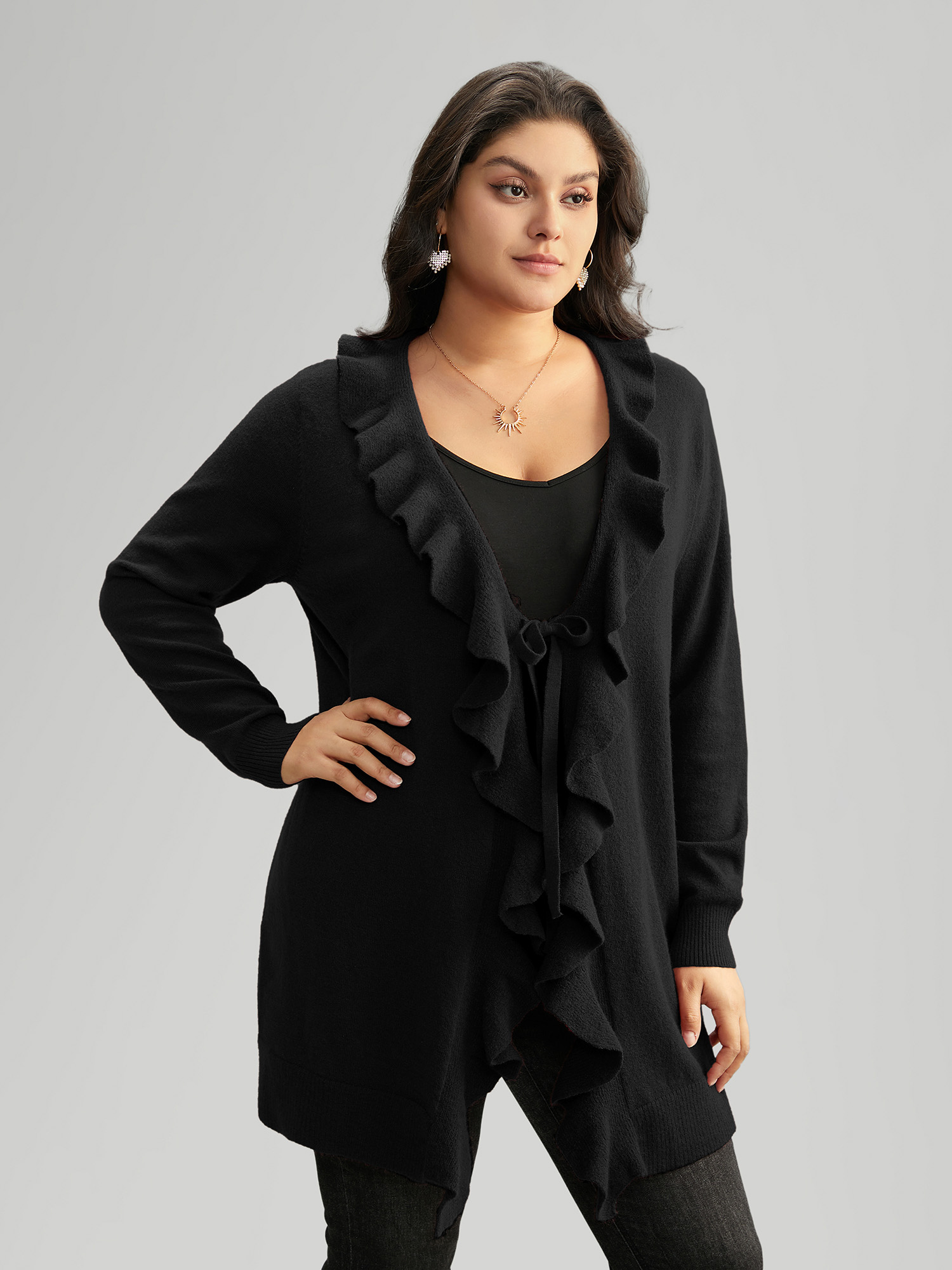 

Plus Size Supersoft Essentials Solid Ruffle Trim Ties Cardigan Black Women Elegant Long Sleeve Everyday Cardigans BloomChic