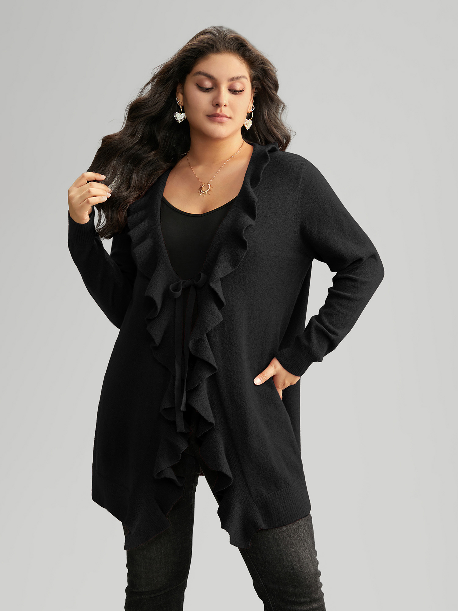 

Plus Size Supersoft Essentials Solid Ruffle Trim Ties Cardigan Black Women Elegant Long Sleeve Everyday Cardigans BloomChic