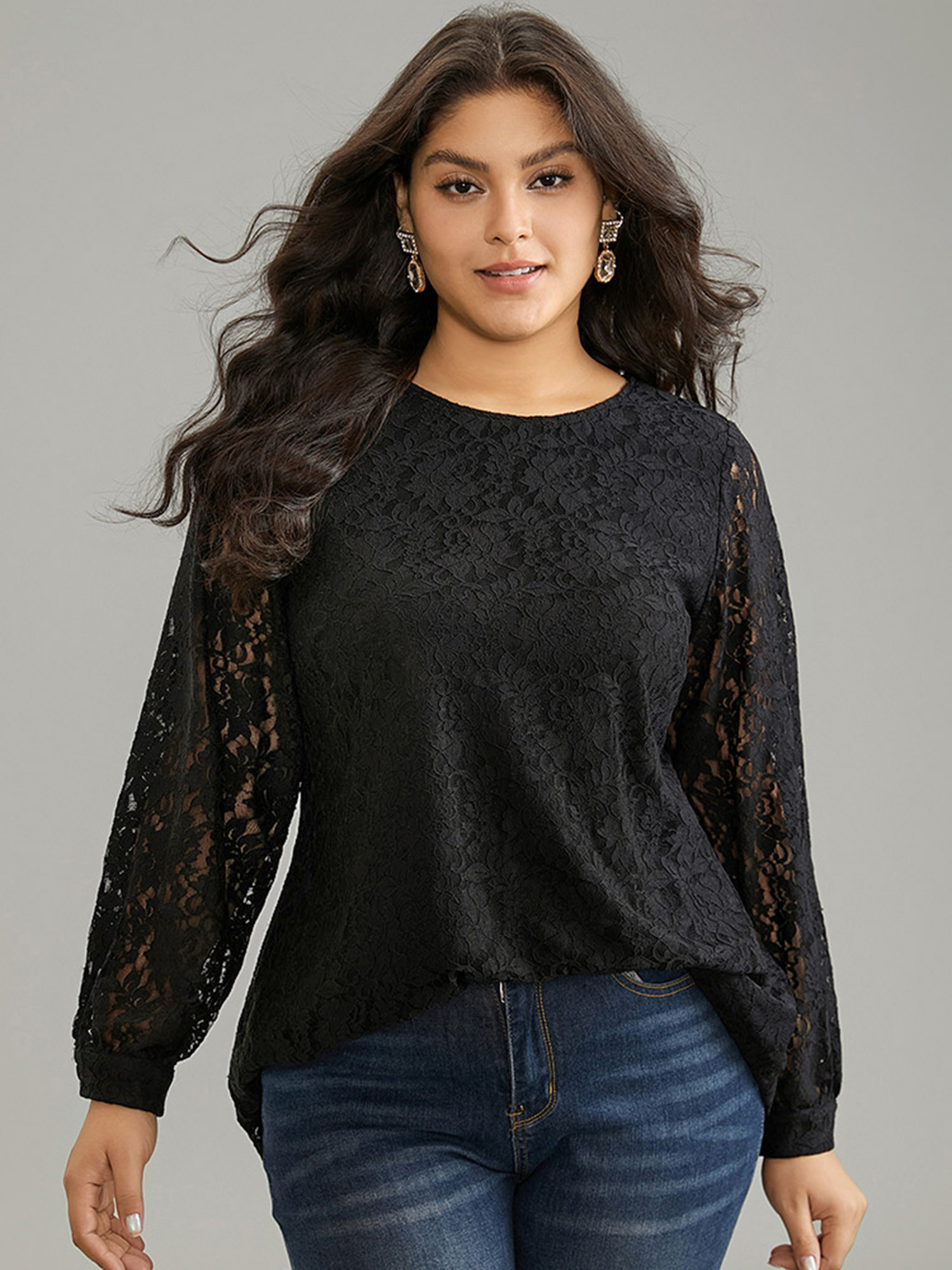Plus Size Black Solid Crochet Lace Mesh Crew Neck Blouse Women Cocktail Long Sleeve Round Neck Party Blouses BloomChic 28/5X 