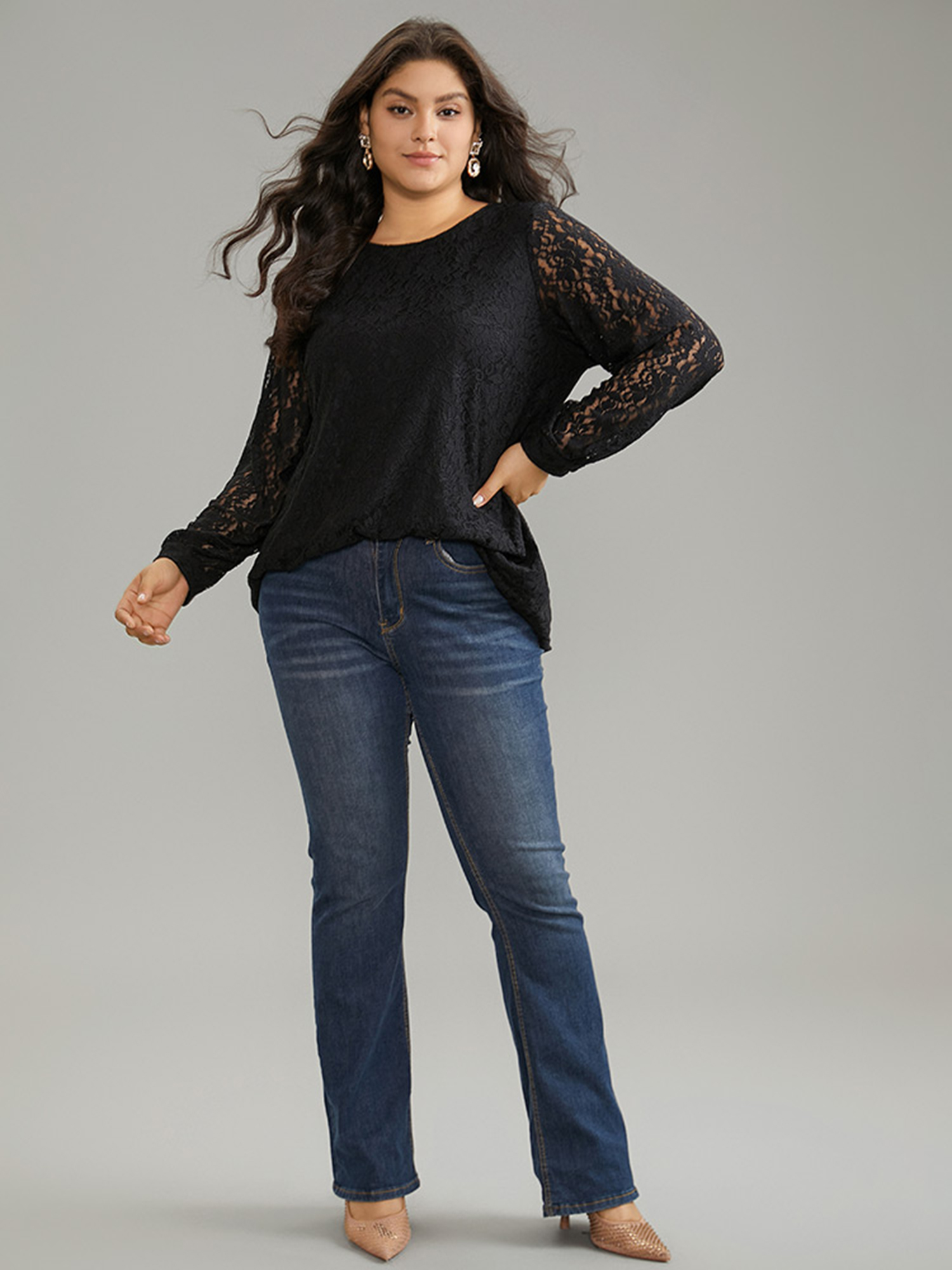 Plus Size Black Solid Crochet Lace Mesh Crew Neck Blouse Women Cocktail Long Sleeve Round Neck Party Blouses BloomChic 28/5X 