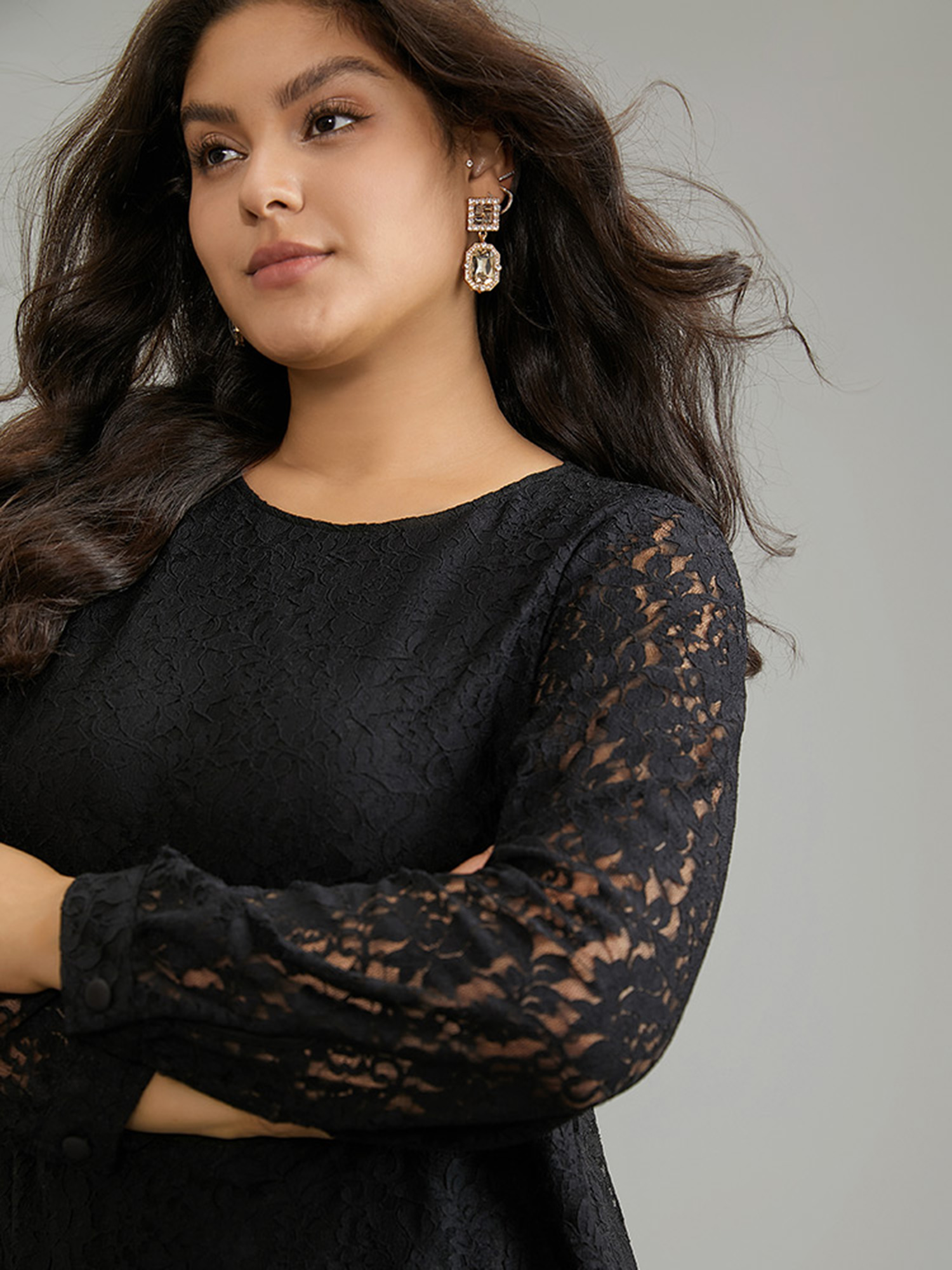 Plus Size Black Solid Crochet Lace Mesh Crew Neck Blouse Women Cocktail Long Sleeve Round Neck Party Blouses BloomChic 28/5X 