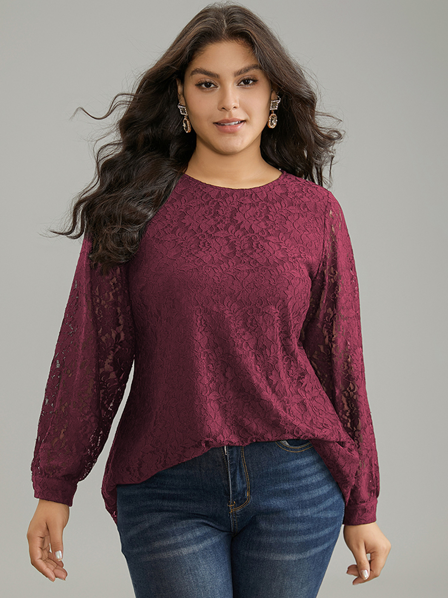 

Plus Size Scarlet Solid Crochet Lace Mesh Crew Neck Blouse Women Cocktail Long Sleeve Round Neck Party Blouses BloomChic