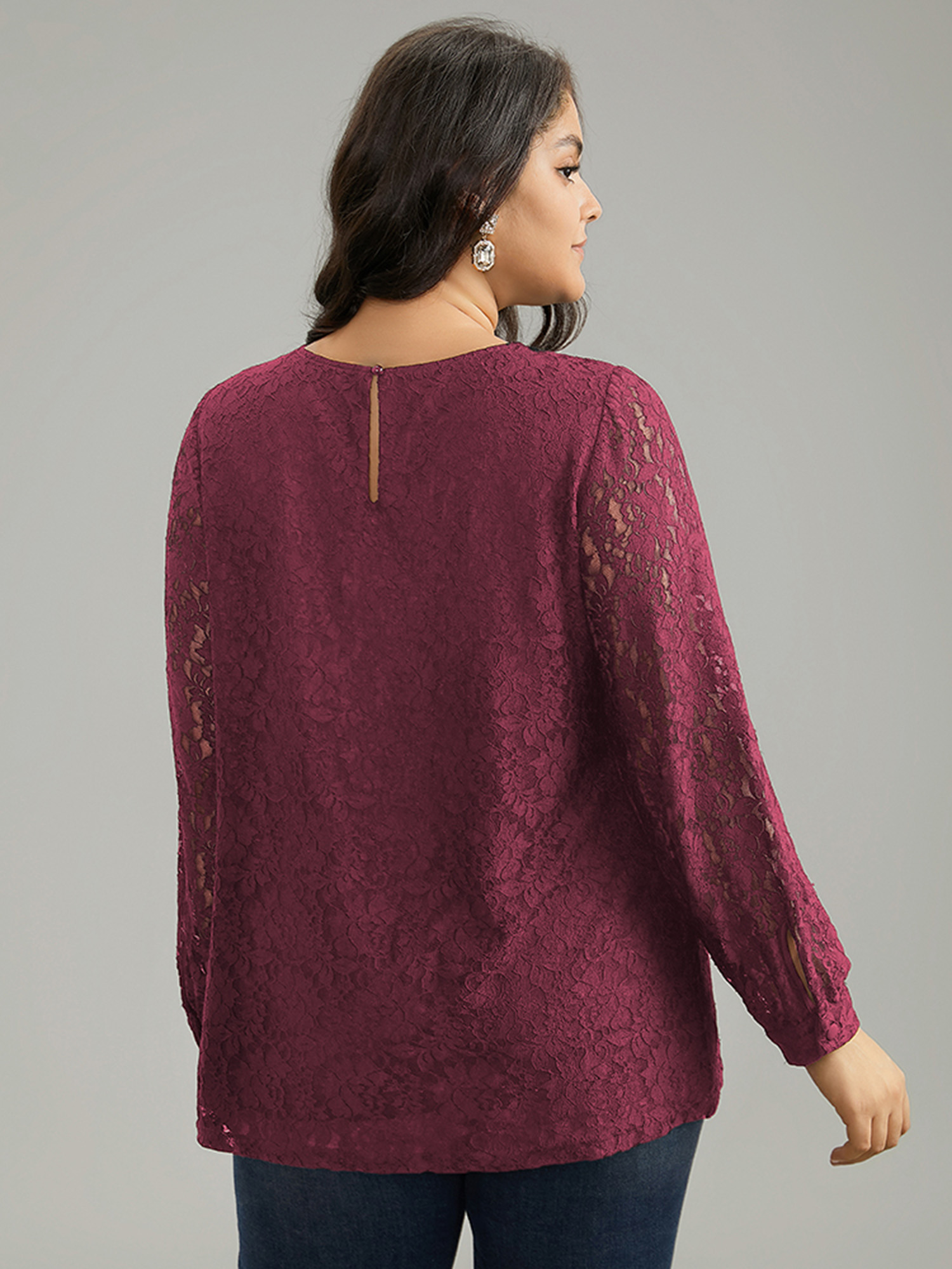 Plus Size Scarlet Solid Crochet Lace Mesh Crew Neck Blouse Women Cocktail Long Sleeve Round Neck Party Blouses BloomChic 22-24/3X 