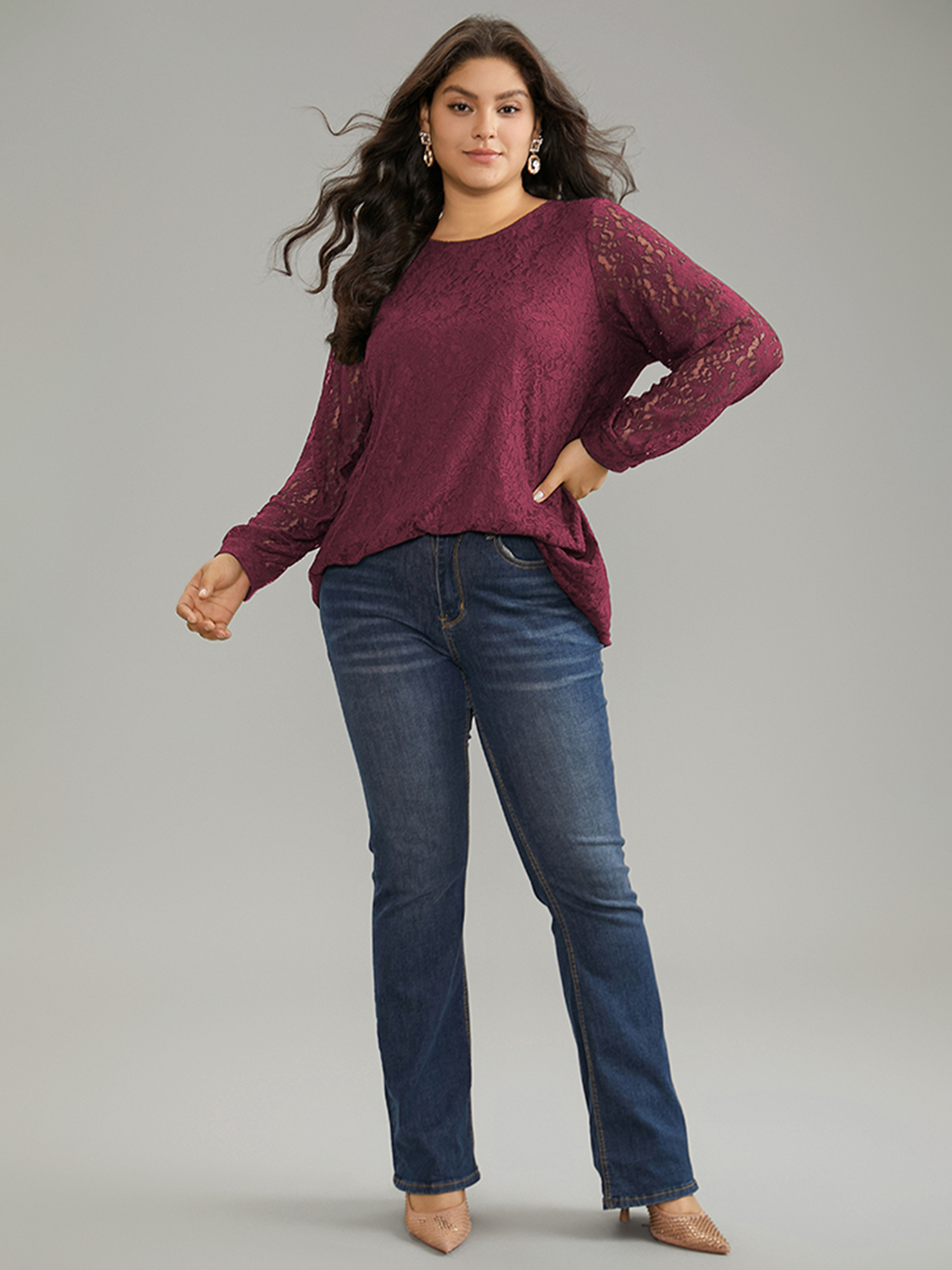 Plus Size Scarlet Solid Crochet Lace Mesh Crew Neck Blouse Women Cocktail Long Sleeve Round Neck Party Blouses BloomChic 22-24/3X 