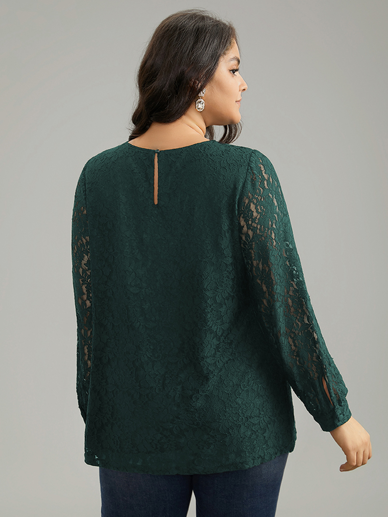 

Plus Size DarkGreen Solid Crochet Lace Mesh Crew Neck Blouse Women Cocktail Long Sleeve Round Neck Party Blouses BloomChic