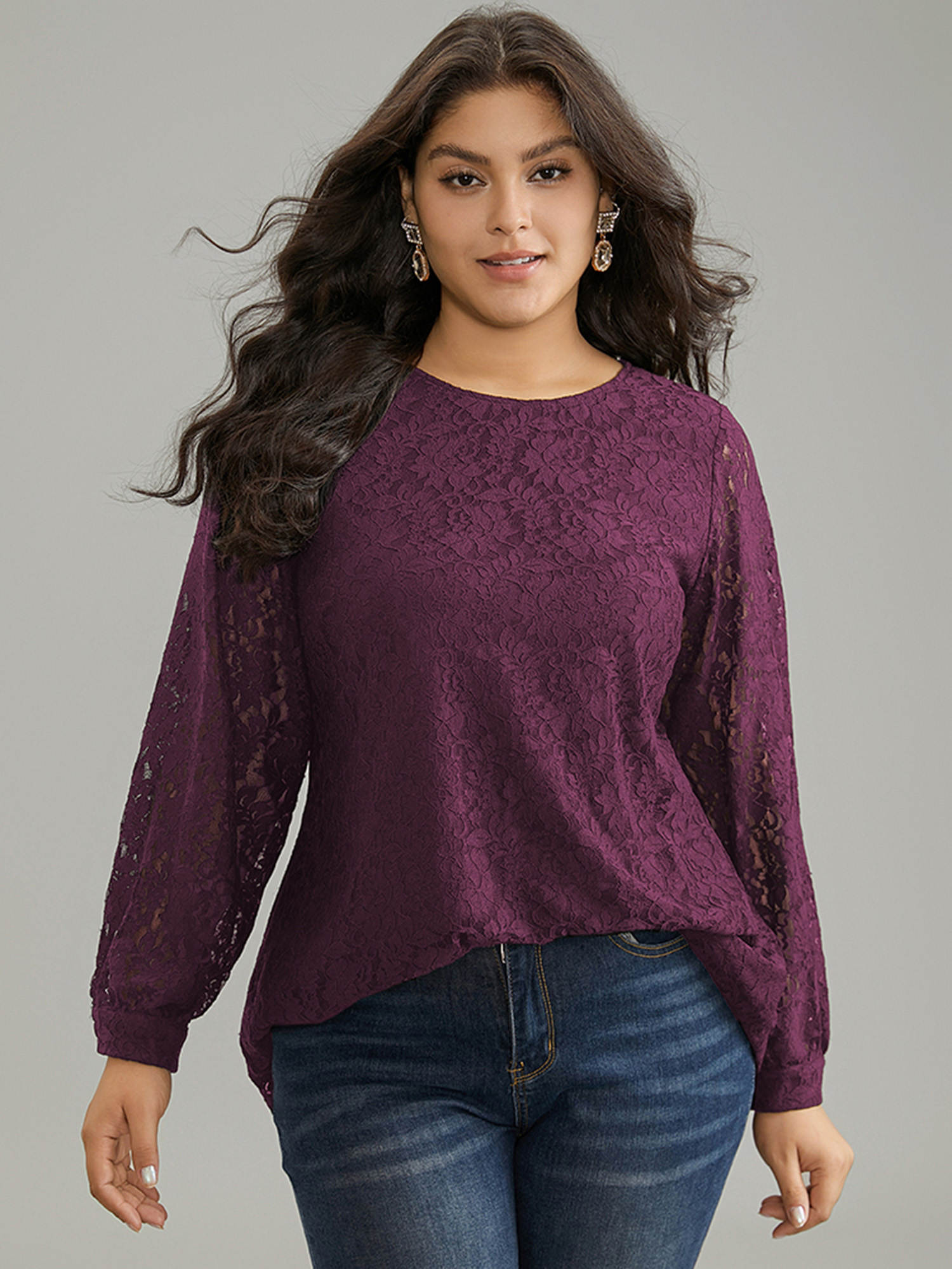 

Plus Size Purple Solid Crochet Lace Mesh Crew Neck Blouse Women Cocktail Long Sleeve Round Neck Party Blouses BloomChic