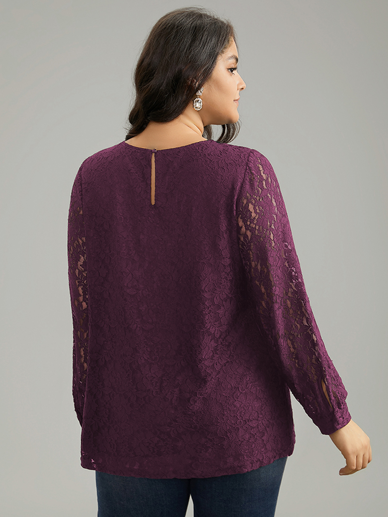 Plus Size Purple Solid Crochet Lace Mesh Crew Neck Blouse Women Cocktail Long Sleeve Round Neck Party Blouses BloomChic 26/4X 