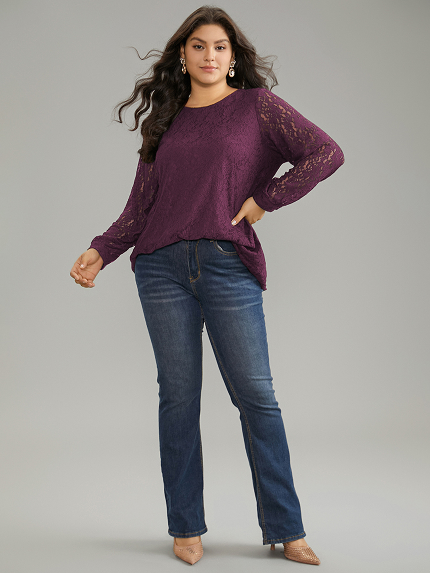 Plus Size Purple Solid Crochet Lace Mesh Crew Neck Blouse Women Cocktail Long Sleeve Round Neck Party Blouses BloomChic 26/4X 