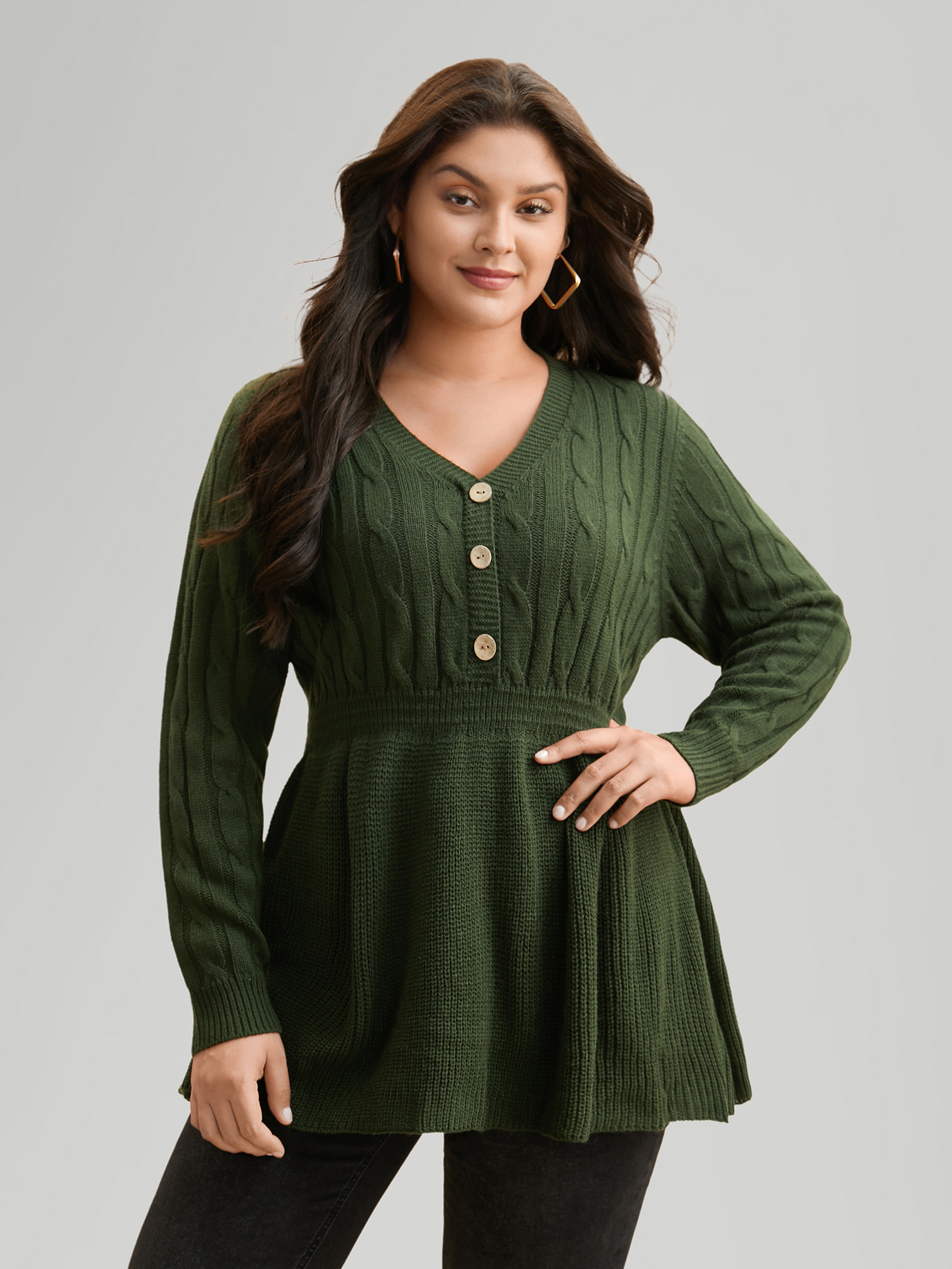 

Plus Size Texture Cable Knit Button Detail Pullover ArmyGreen Women Casual Long Sleeve V-neck Everyday Pullovers BloomChic