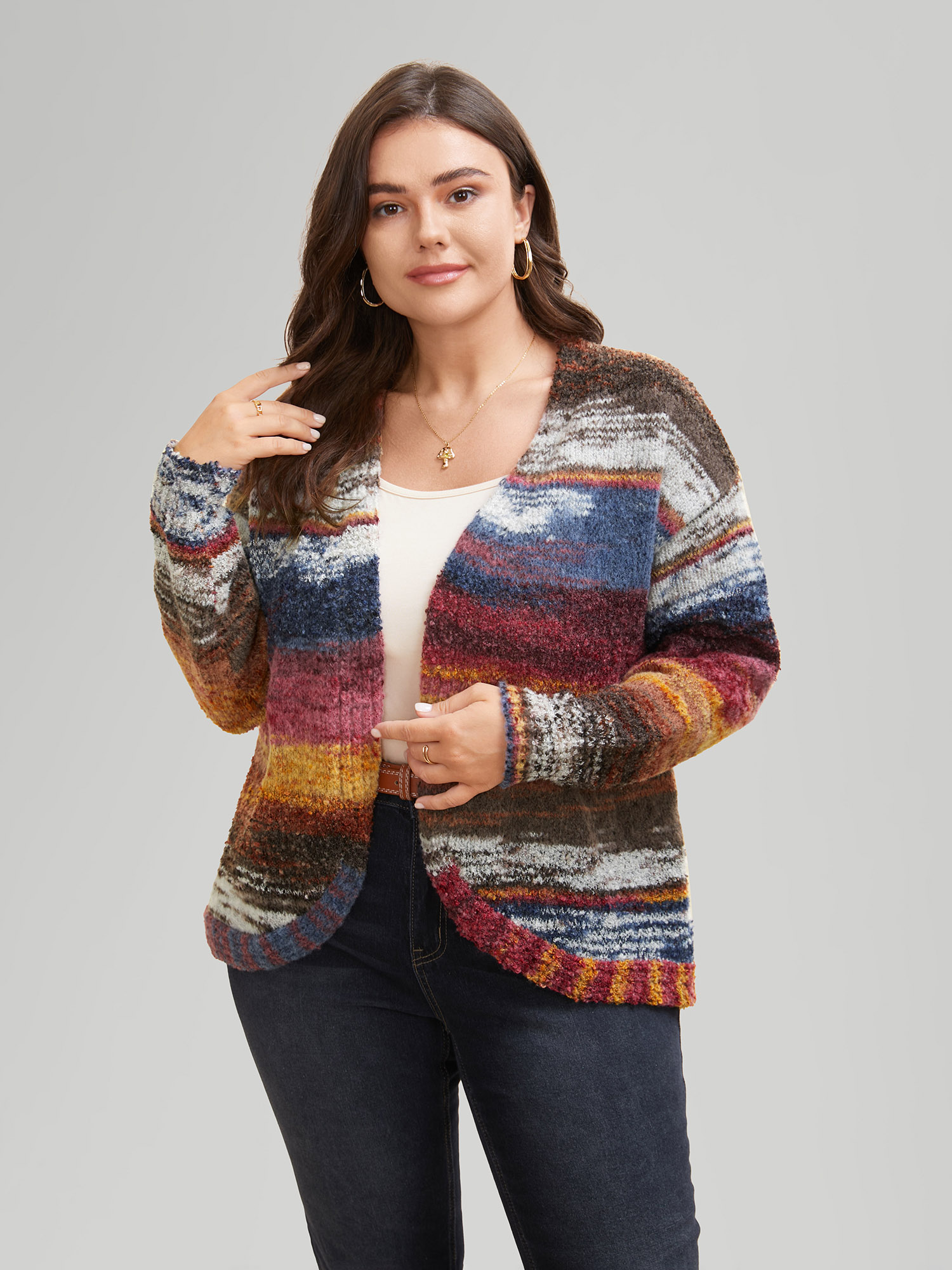 Plus Size Ombre Open Front Curved Hem Cardigan Multicolor Women Casual Loose Long Sleeve Everyday Cardigans BloomChic 12/L 