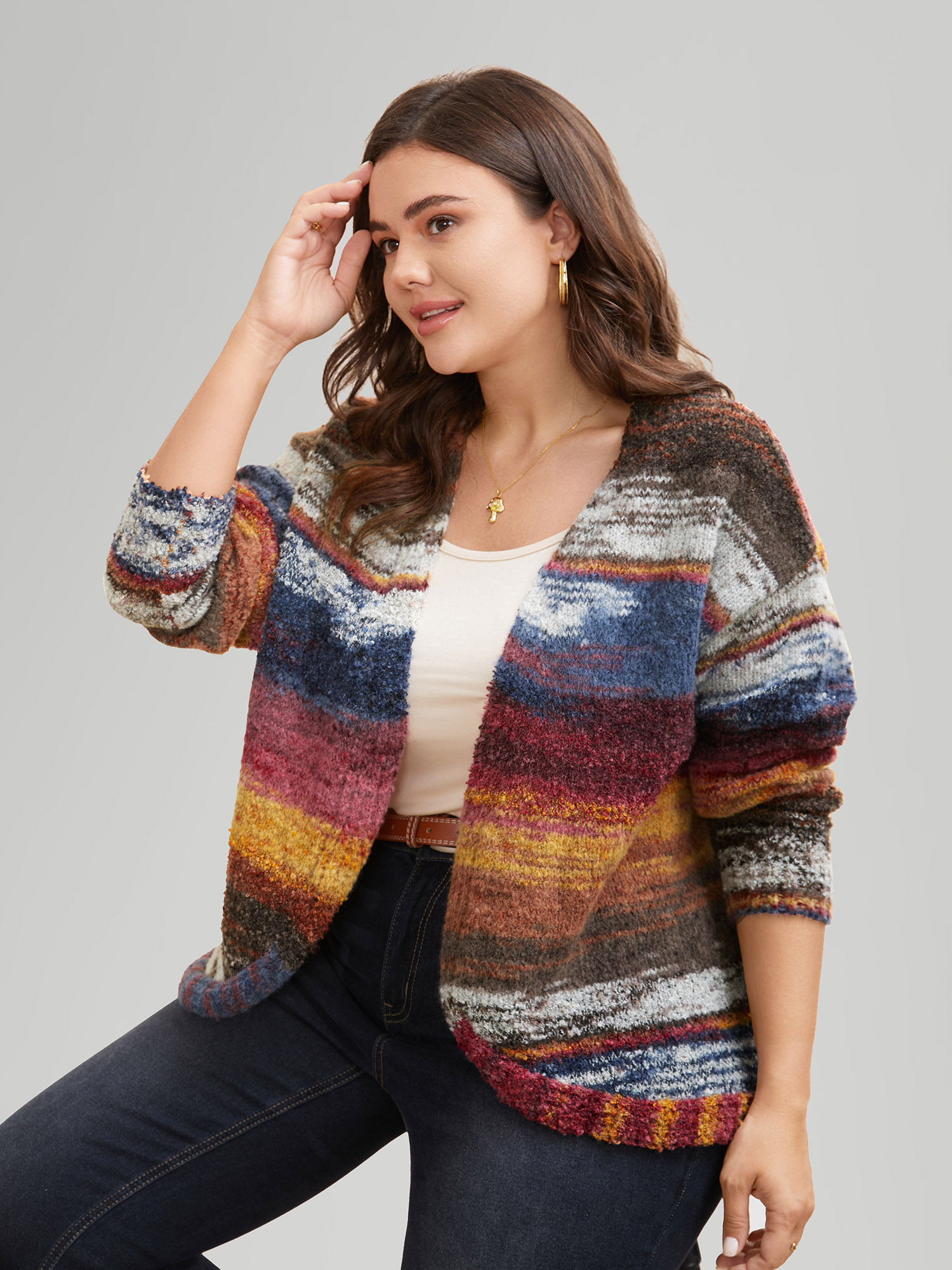 Plus Size Ombre Open Front Curved Hem Cardigan Multicolor Women Casual Loose Long Sleeve Everyday Cardigans BloomChic 12/L 