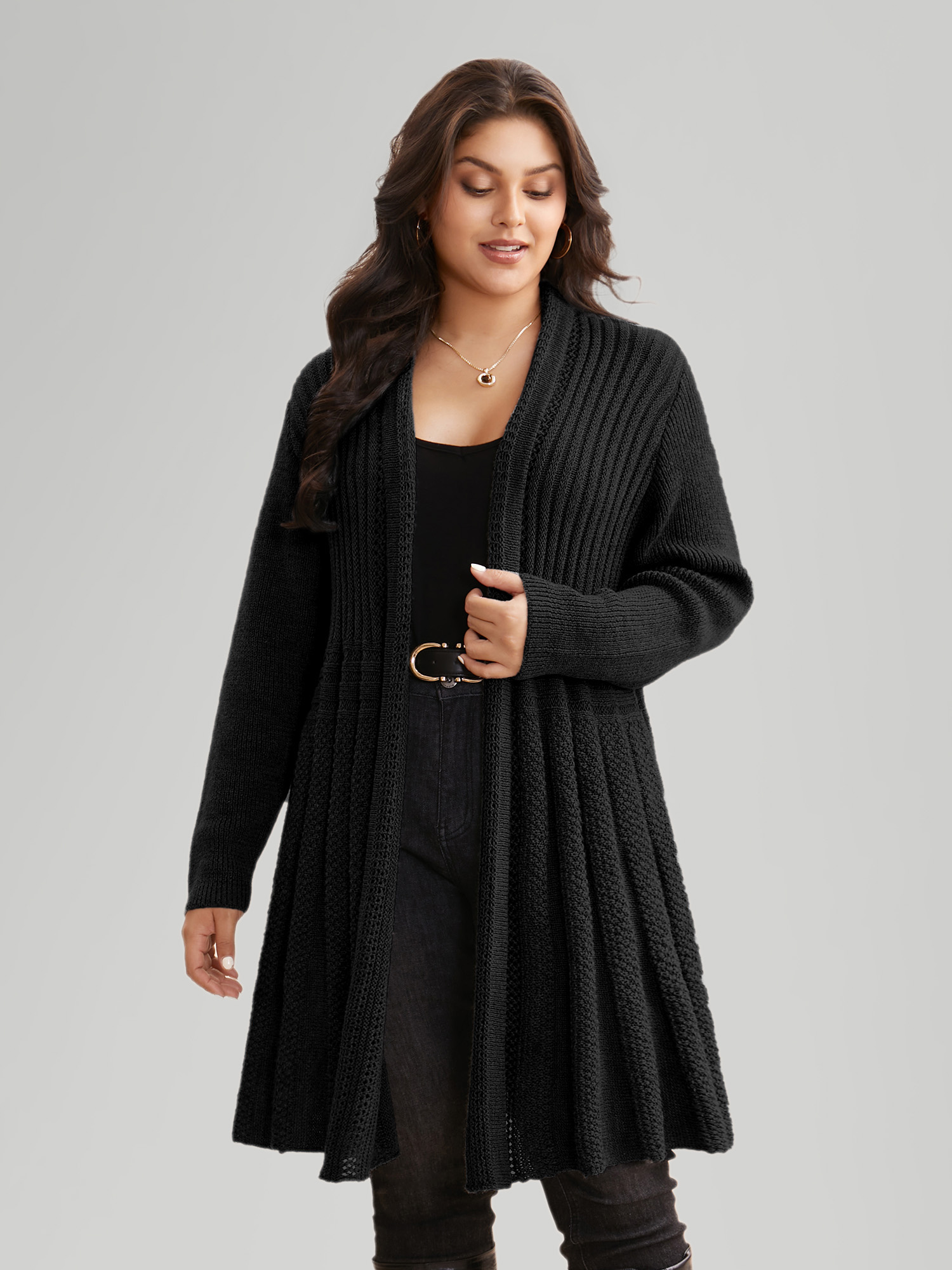 

Plus Size Plain Textured Kimono Collar Cardigan Black Women Casual Loose Long Sleeve Everyday Cardigans BloomChic