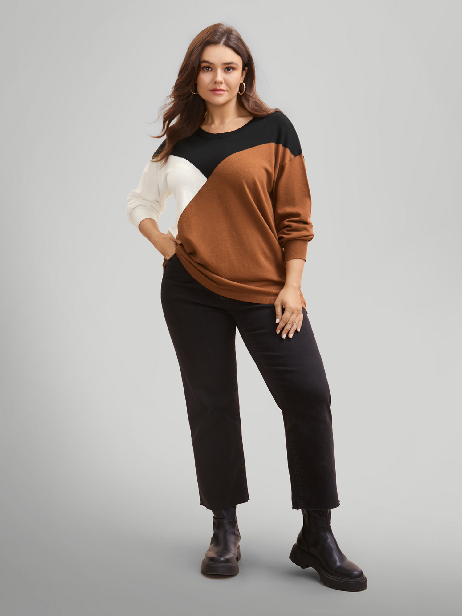 

Plus Size Supersoft Essentials Colorblock Contrast Pullover Browncoffeecolor Women Casual Long Sleeve Round Neck Everyday Pullovers BloomChic