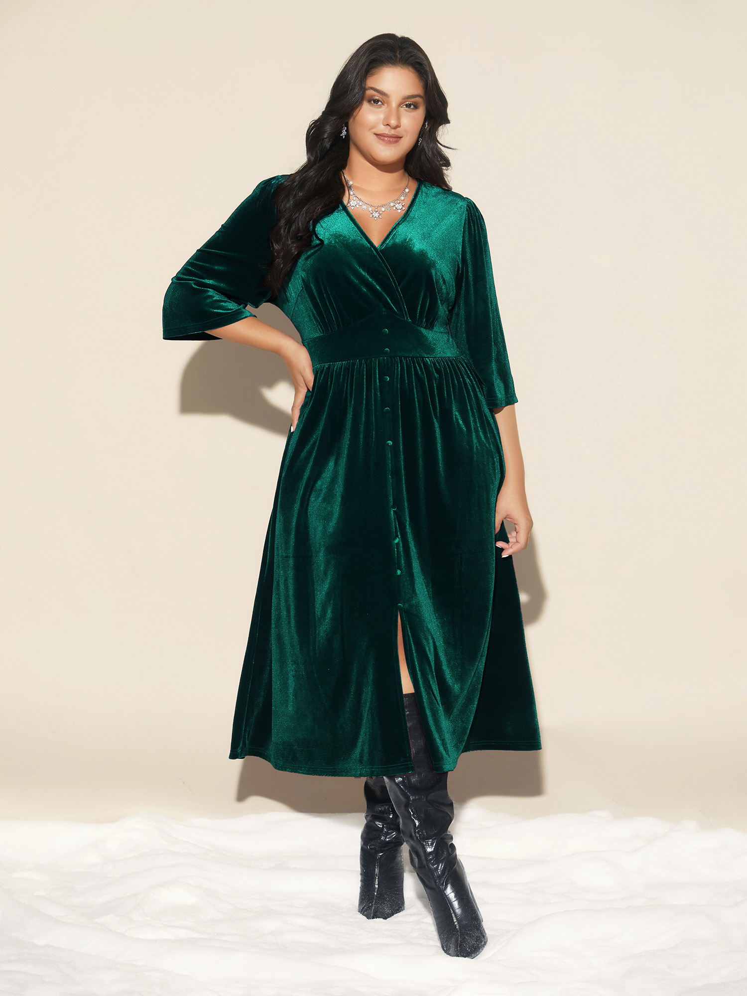 

Plus Size Velvet Ruched Surplice Neckline Midi Dress Teal Women Cocktail Texture Party Curvy Bloomchic