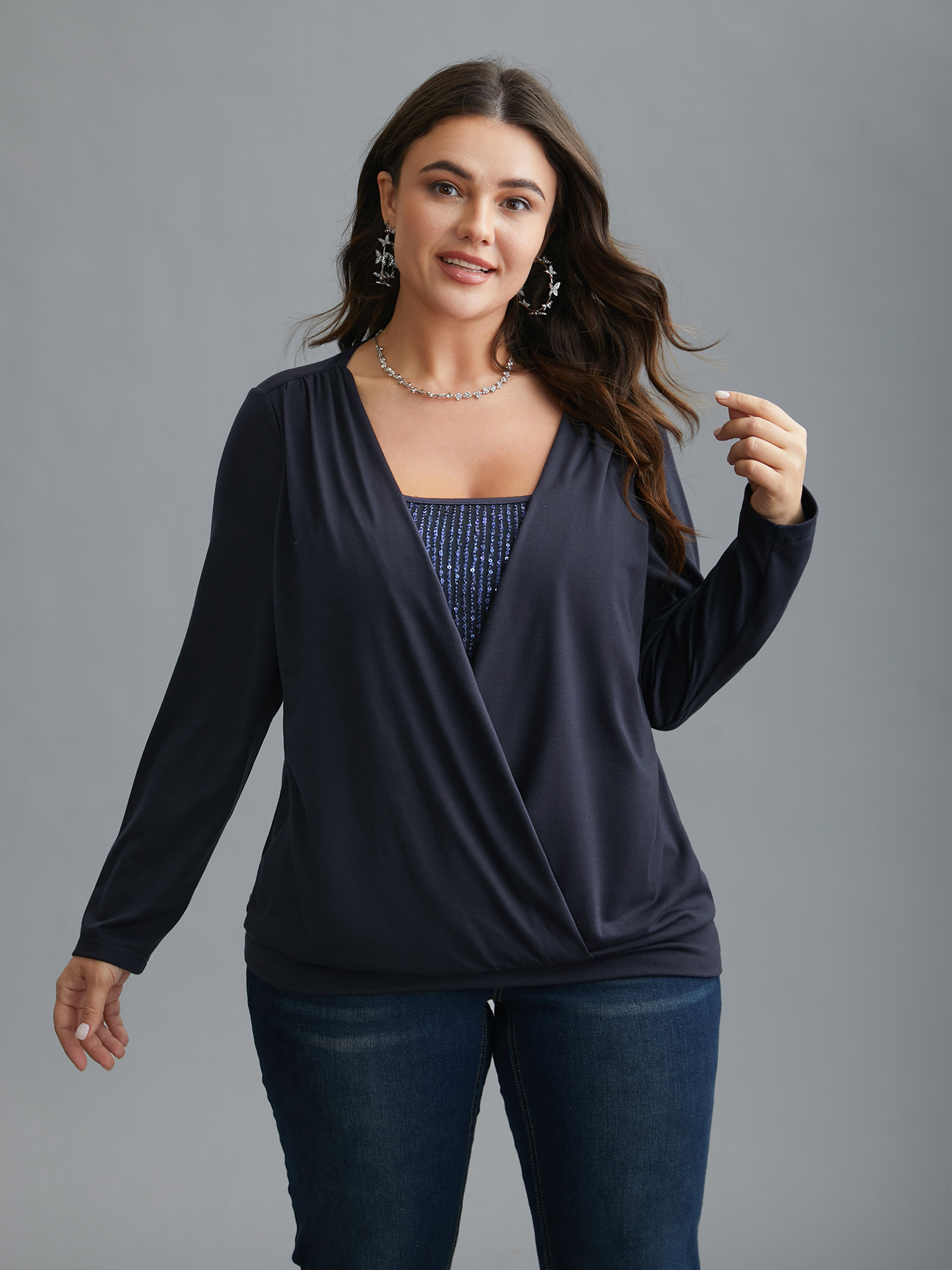 

Plus Size Wrap Design Sequin Knit Top Indigo Round Neck Long Sleeve Cocktail Jersey Tops