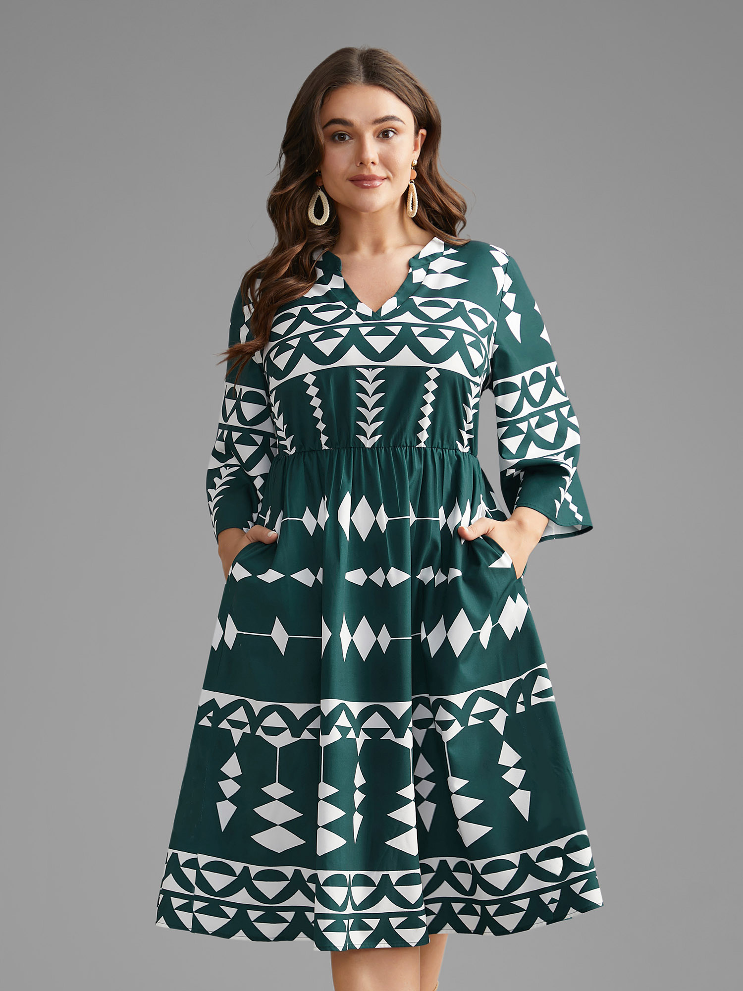 

Plus Size Geometric Pattern Elastic Waist Midi Dress Cyan Women Resort Non Flat collar with V-notch Elbow-length sleeve Curvy BloomChic