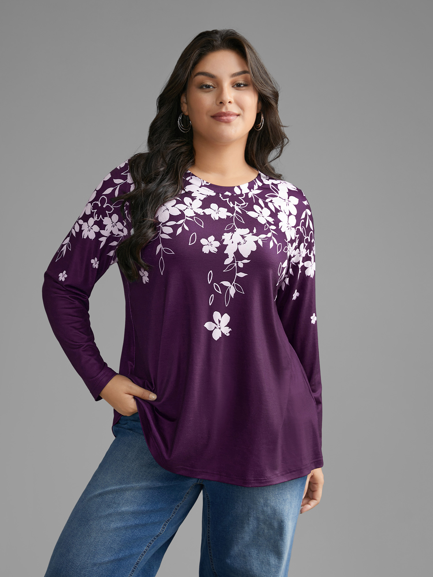 

Plus Size Round Neck Boho Print T-shirt Eggplant Women Casual Contrast Natural Flowers Round Neck Everyday T-shirts BloomChic