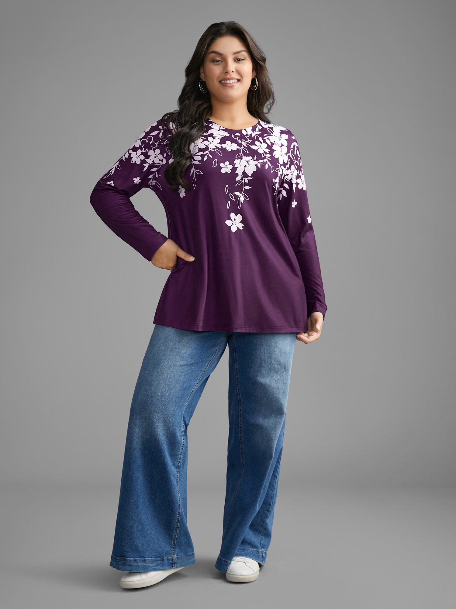 Plus Size Round Neck Boho Print T-shirt Eggplant Women Casual Contrast Natural Flowers Round Neck Everyday T-shirts BloomChic 22-24/3X 